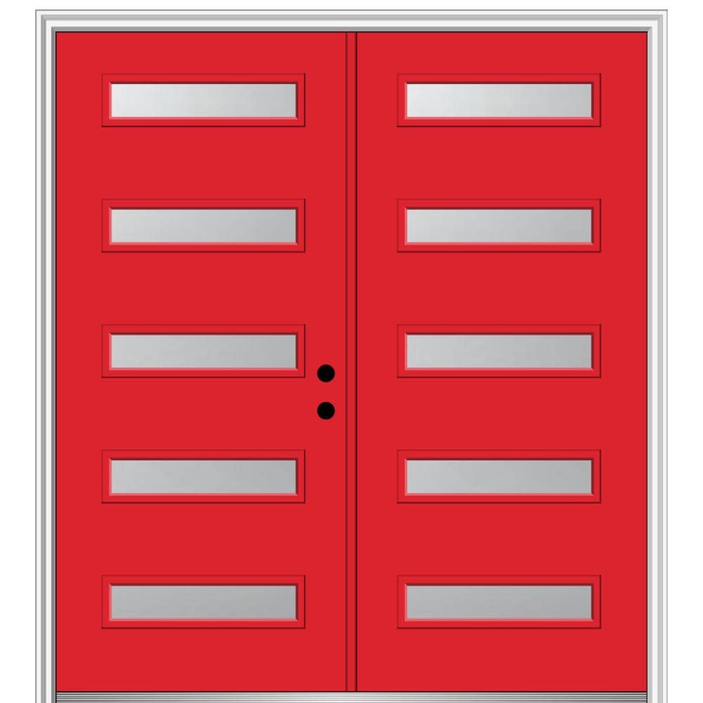 MMI DOOR ZZ350472L Spotlights 64-in x 80-in x 6-9/16-in Fiberglass Pulse lite Left-hand inswing Red Saffron Painted Prehung Double Front Door with Brickmould Insulating core