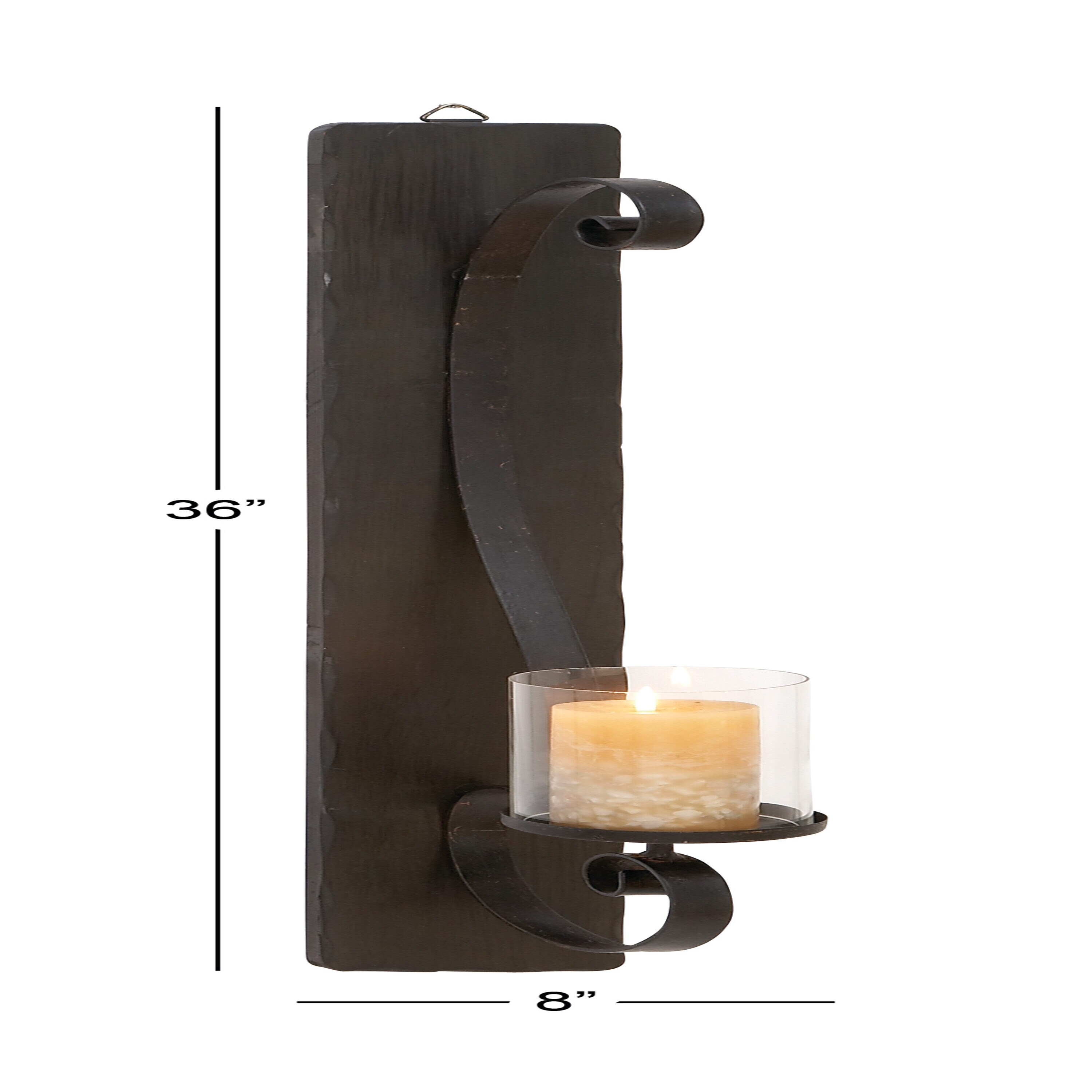Black Metal and Wood Wall Sconce with Hurricane Glass