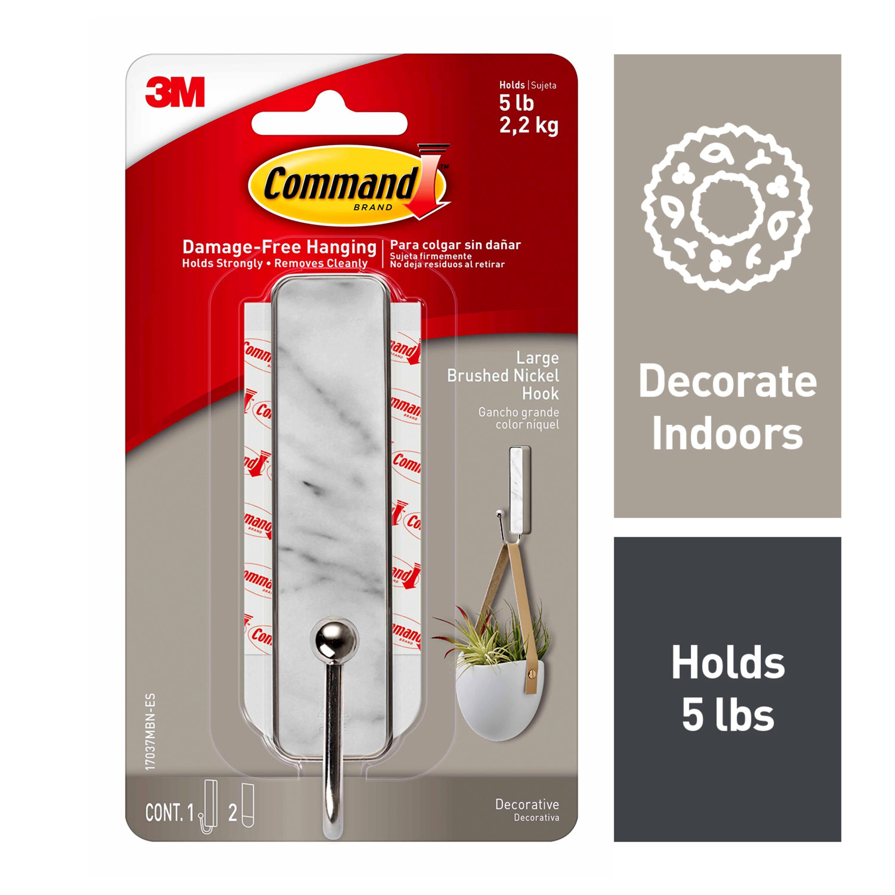 3M Command Large Brushed Nickel Hook, Marble Finish, 1 Hook, 2 Strips,  17037mbn-es in the Picture Hangers department at