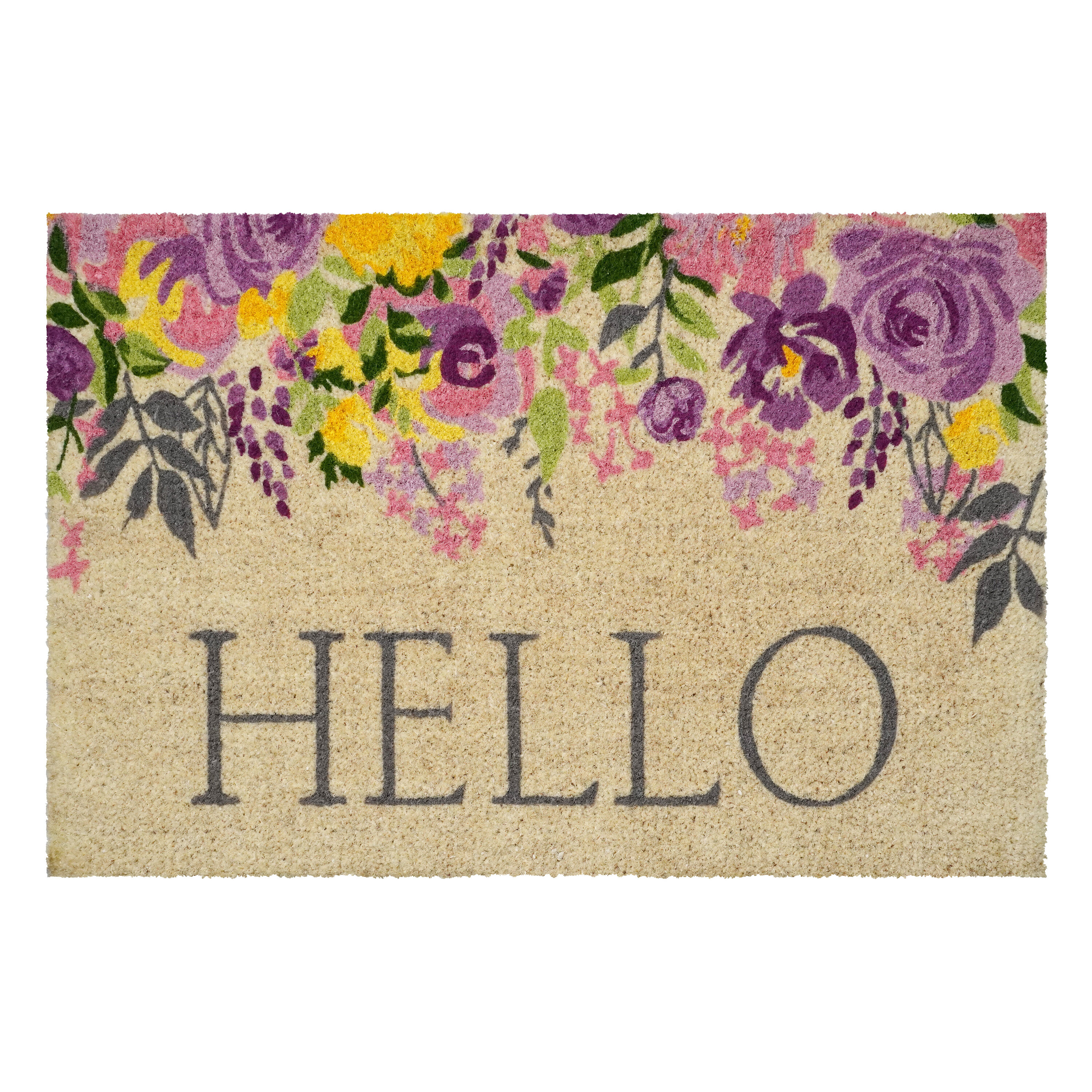Callowaymills 112901830 1-1/2-ft x 2-1/2-ft Blossoming Floral Hello Coir Rectangular Indoor or outdoor Decorative Hello Door mat