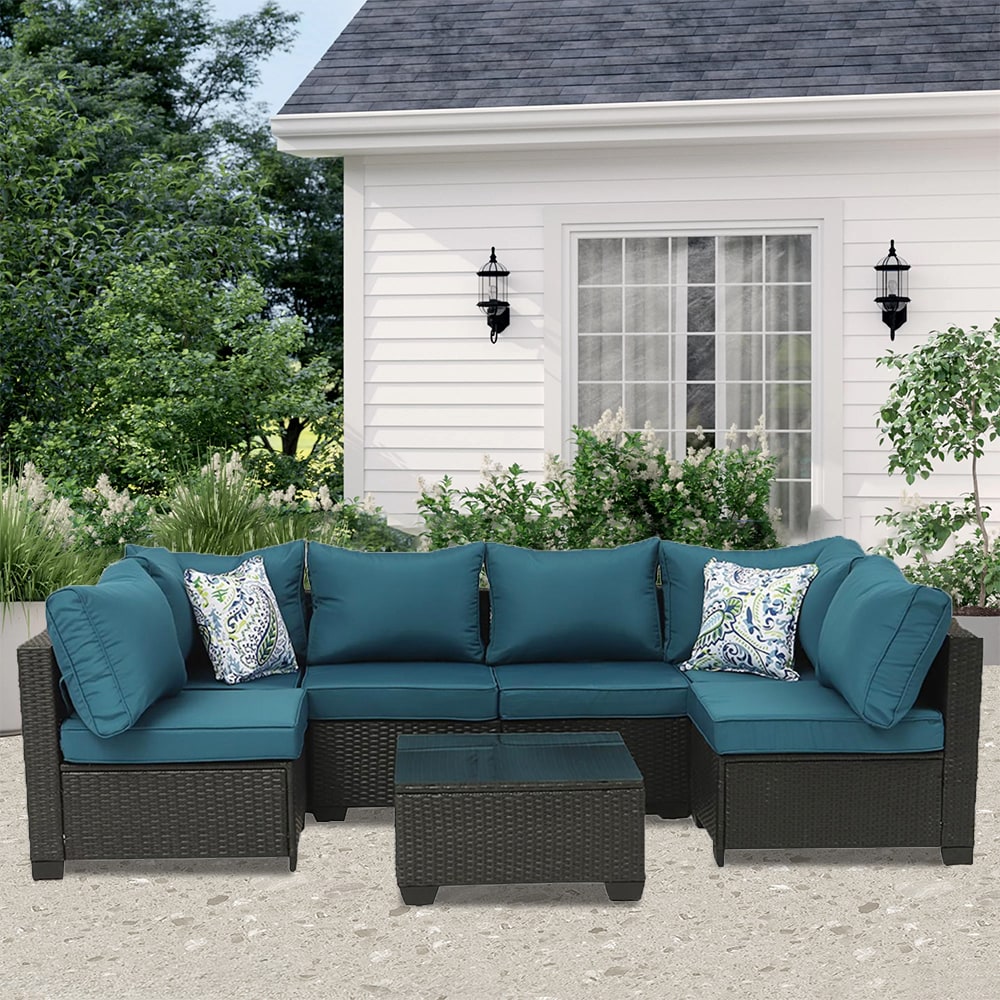 Runesay HBPATI2-17 Patio Sectional Sofa Set Wicker Outdoor Sectional with Blue Cushions and Wicker Frame
