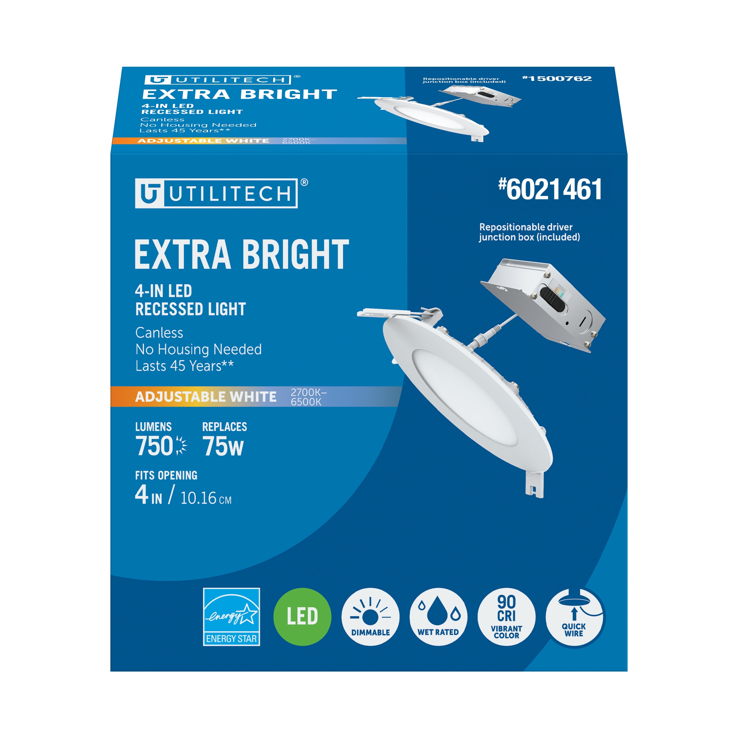 Utilitech LLEDR4XT/HO/5CCTCA White 4-in 750 -Lumens Switchable white Round Dimmable LED Canless Wet rated Recessed Downlight