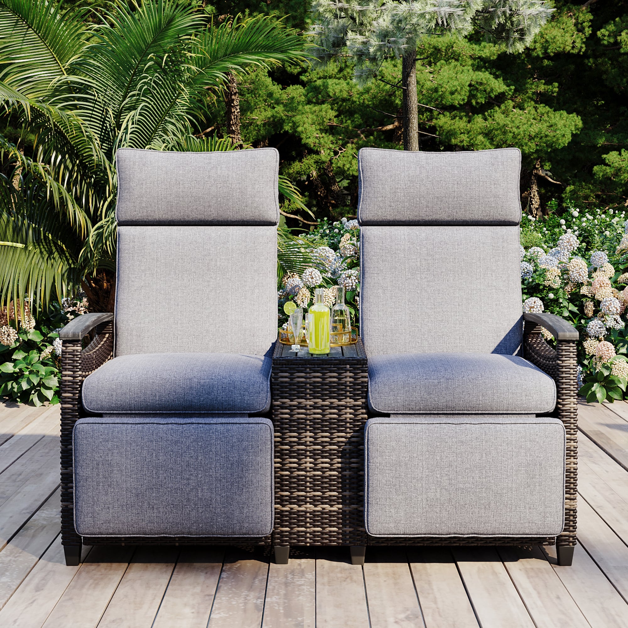 BABOOM BOM-0134152-OR Outdoor Lounge Chair Set Wicker Black Metal Frame Stationary Recliner Chair with Gray Cushioned Seat