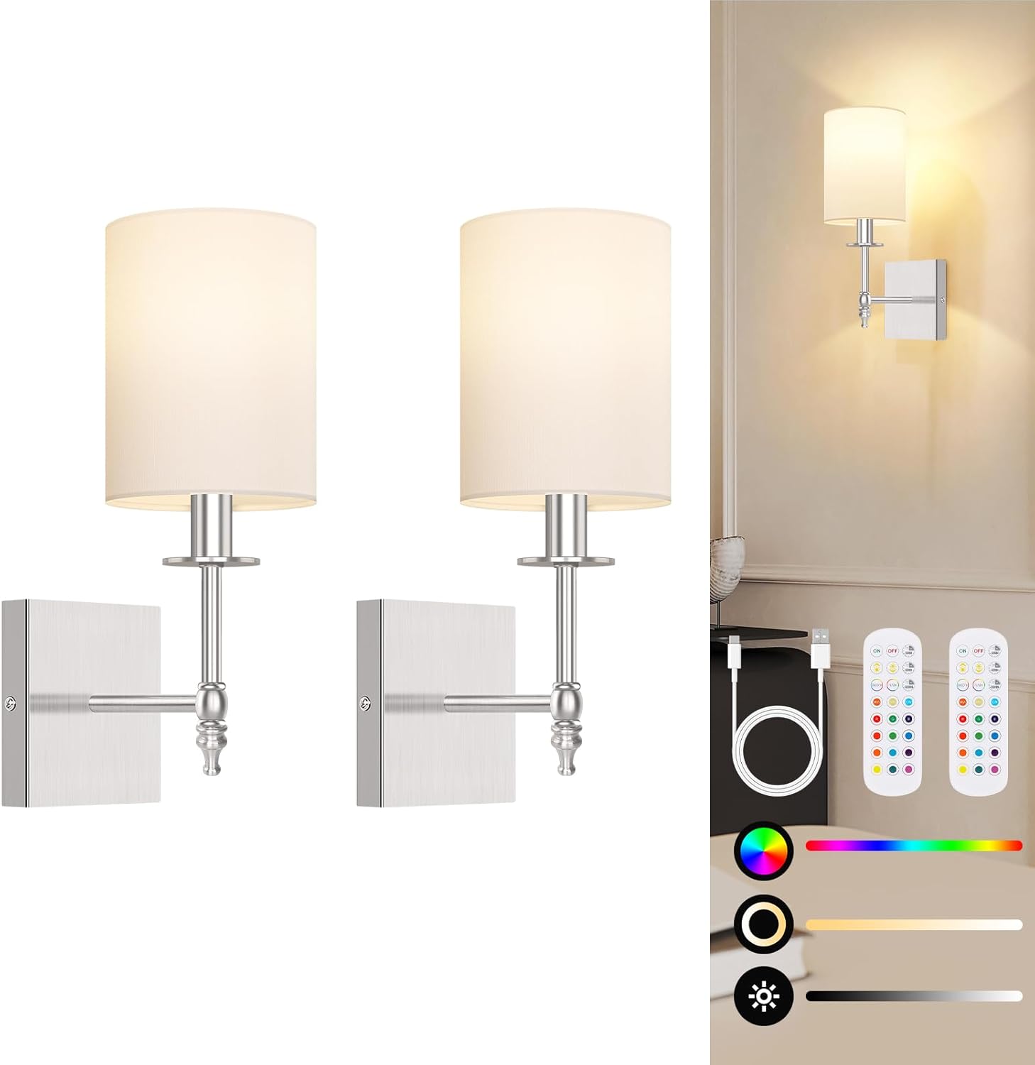 Nordic Hygge 15 Inch Battery Operated Wall Sconces Set of 2 with Remote Brushed Nickel Rechargeable Wireless Wall Lights with White Fabric Shade