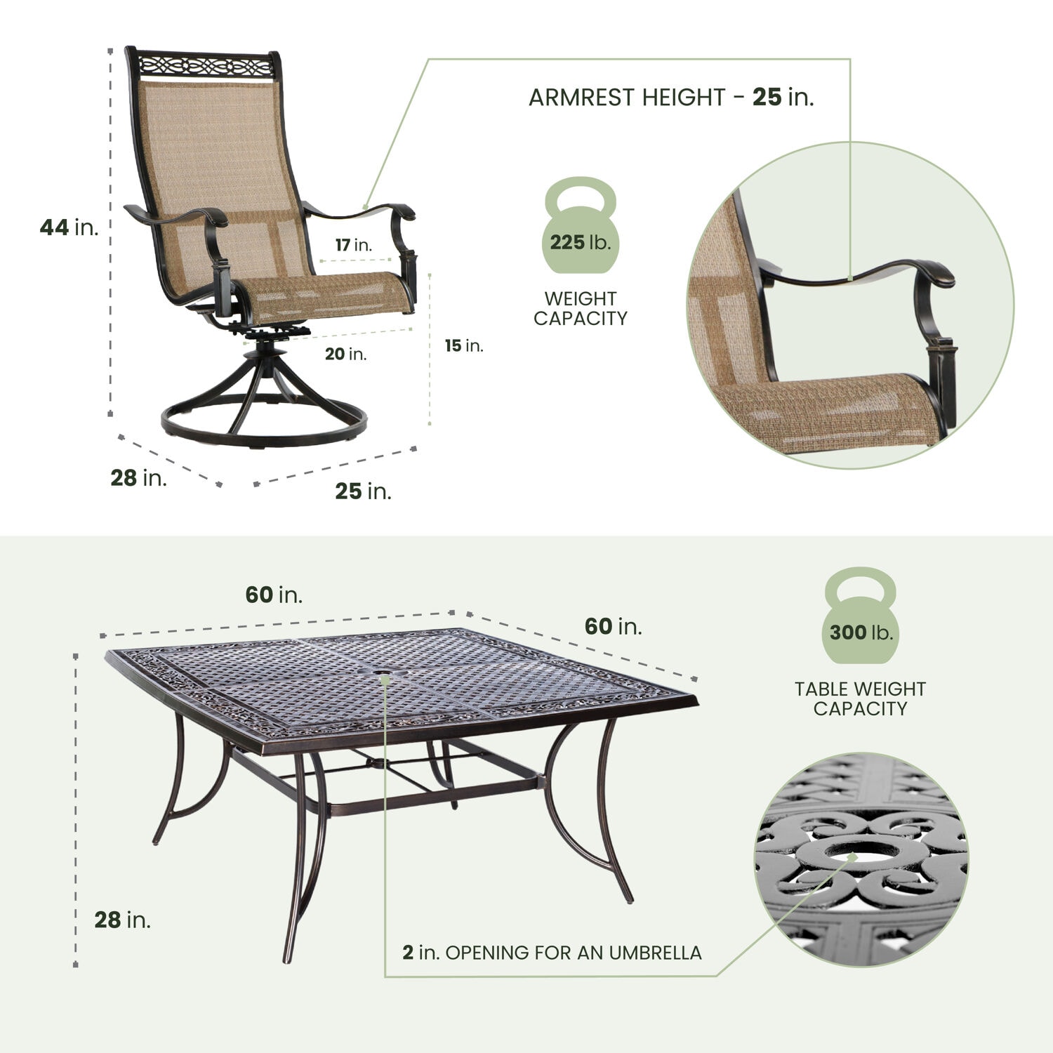 Cedar Cast Aluminum 9-Piece Patio Dining Set with Swivel Rocking Chairs