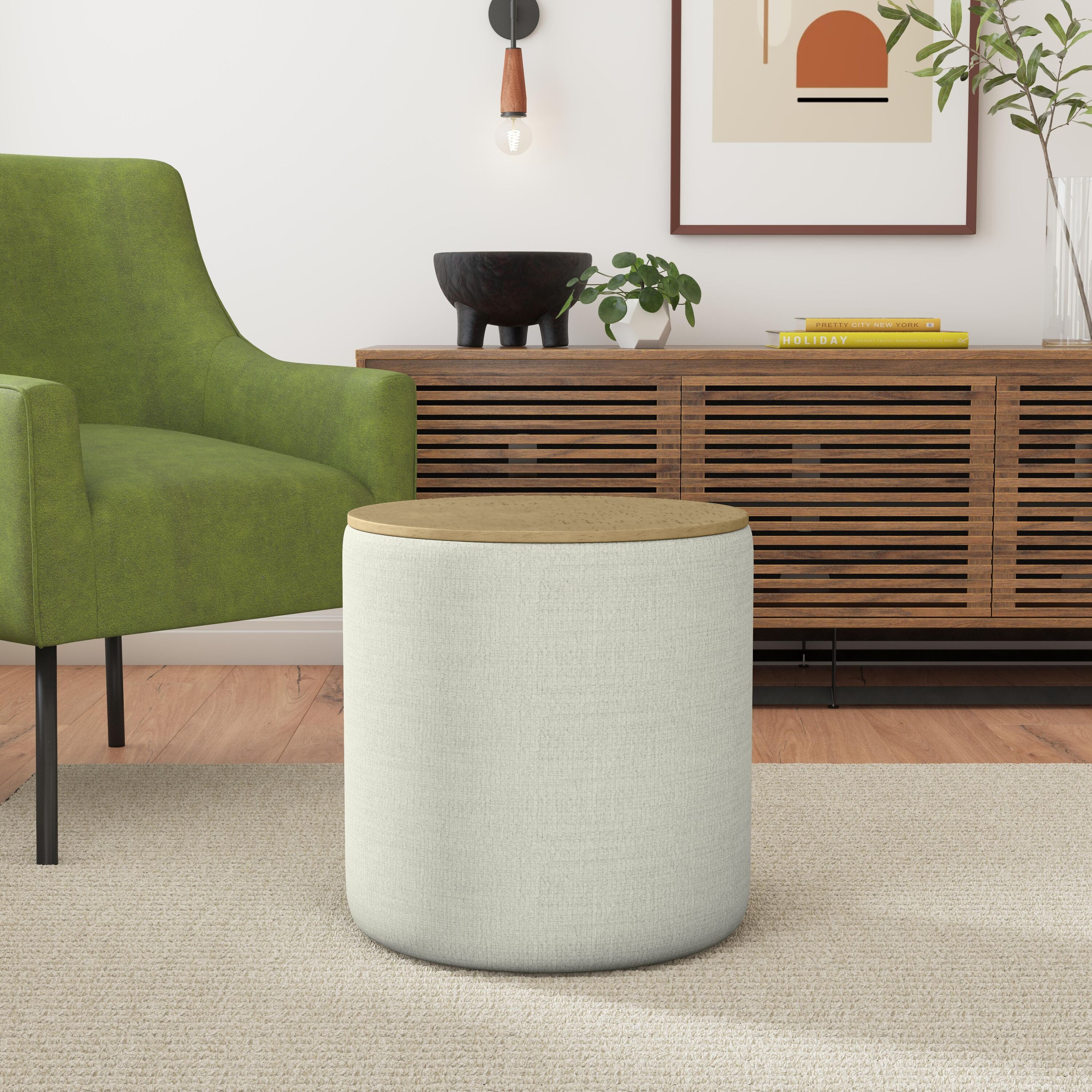 HomePop K8585-F2421 Modern Light Gray Textured Woven Round Storage Ottoman