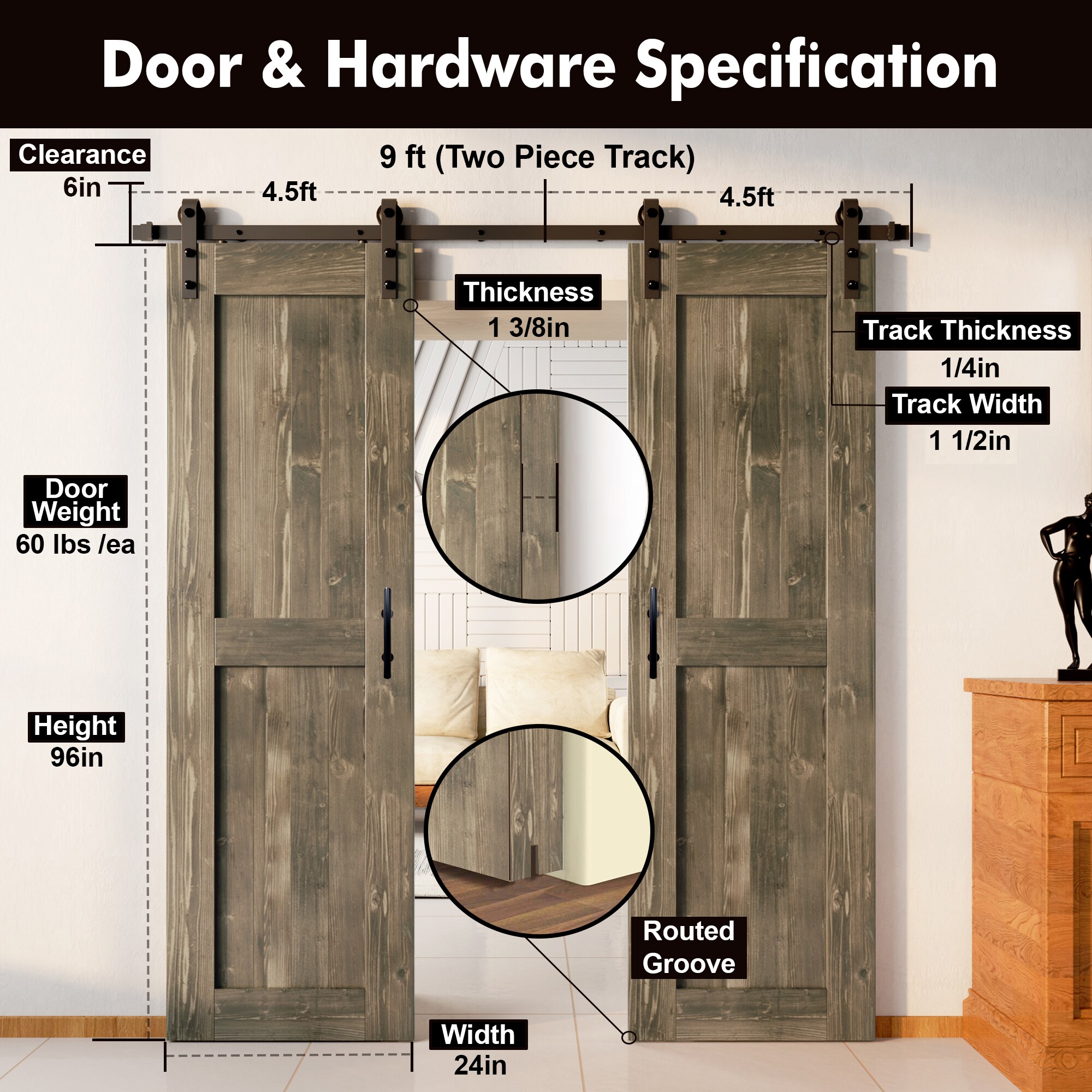 HOMACER YT2TGH108C-2496-H-GR Barn-Doors - View #7