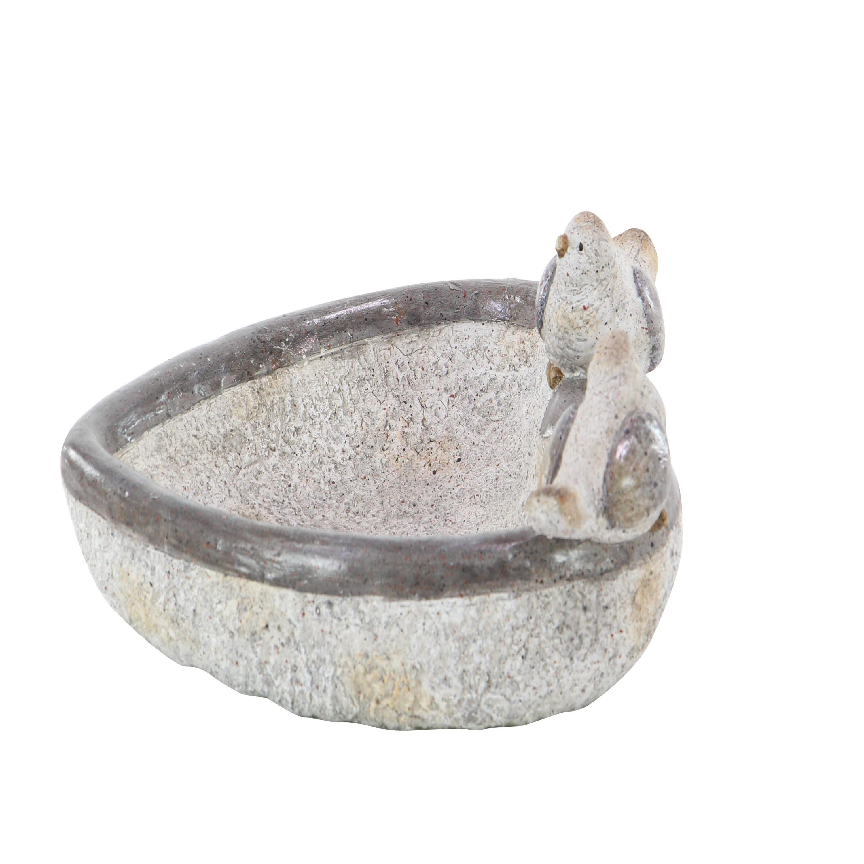 Gray Polystone Bird Garden Sculpture with Bath Bowl