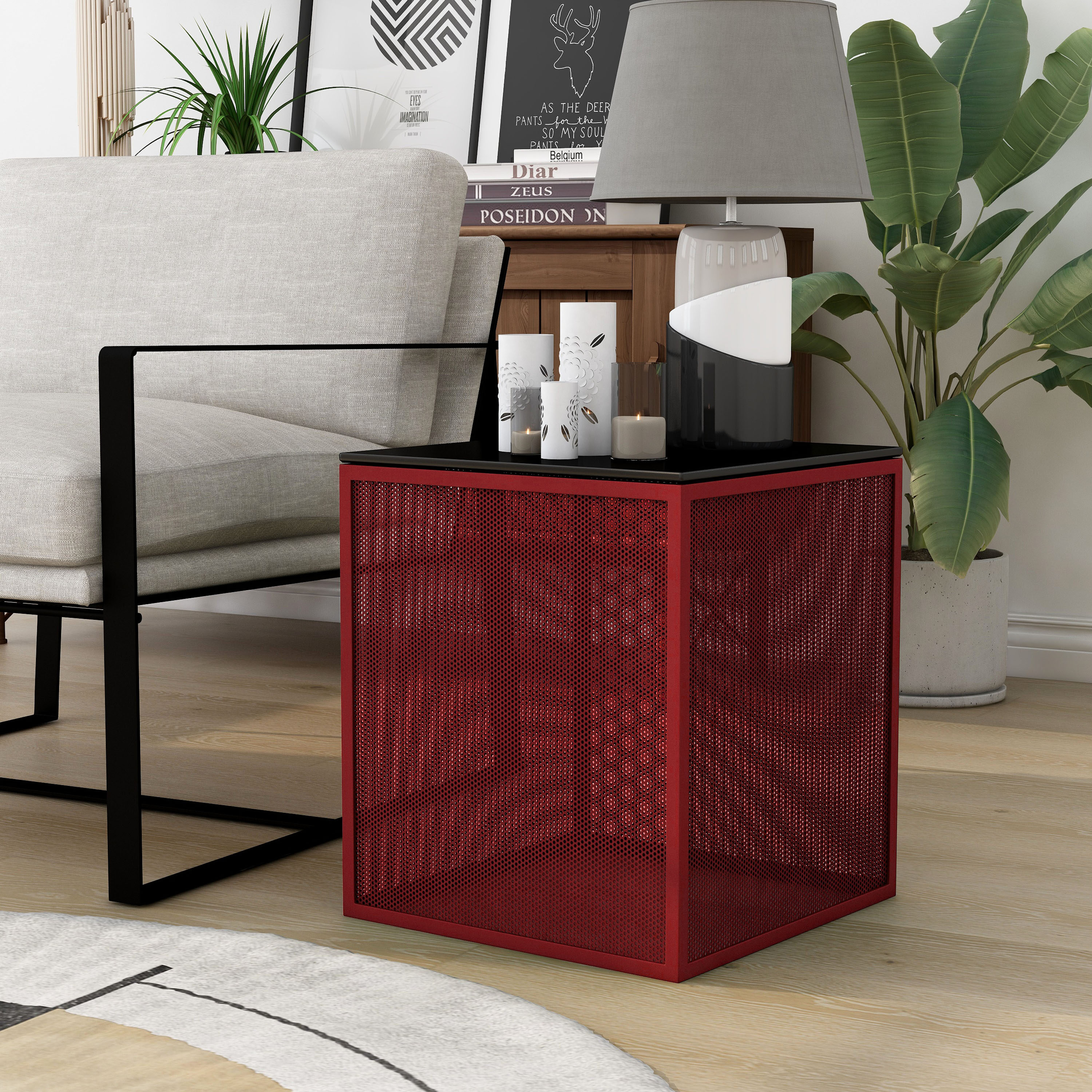 Furniture of America IDF-AC348RD Dessi 15.75-in W x 18.13-in H Red and Black Glass Square Modern End Table Assembly Required