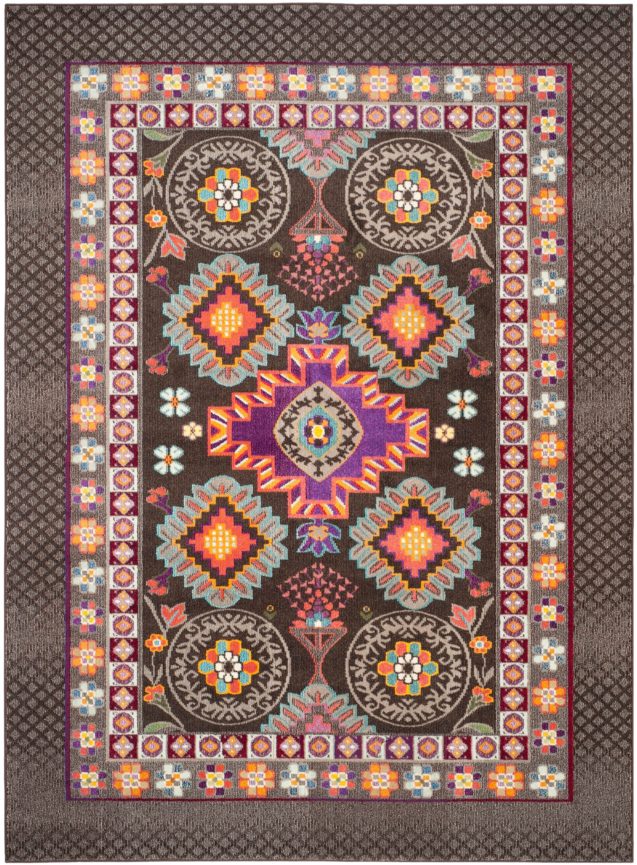 Large Rectangular Red and Brown Boho-Chic Synthetic Area Rug