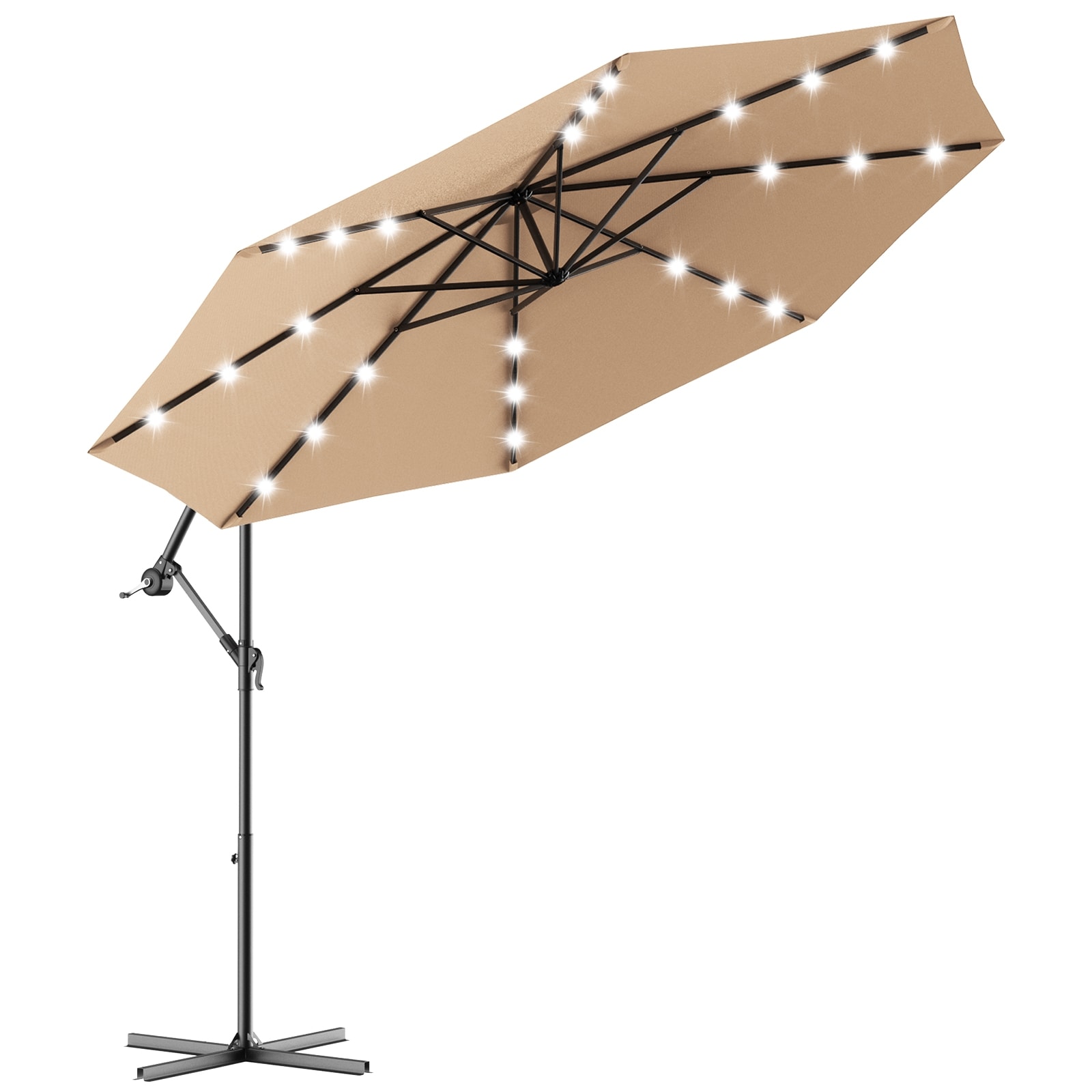WELLFOR DOJ70754BE 10-ft Steel Beige Cantilever Patio Umbrella with Lights with Base