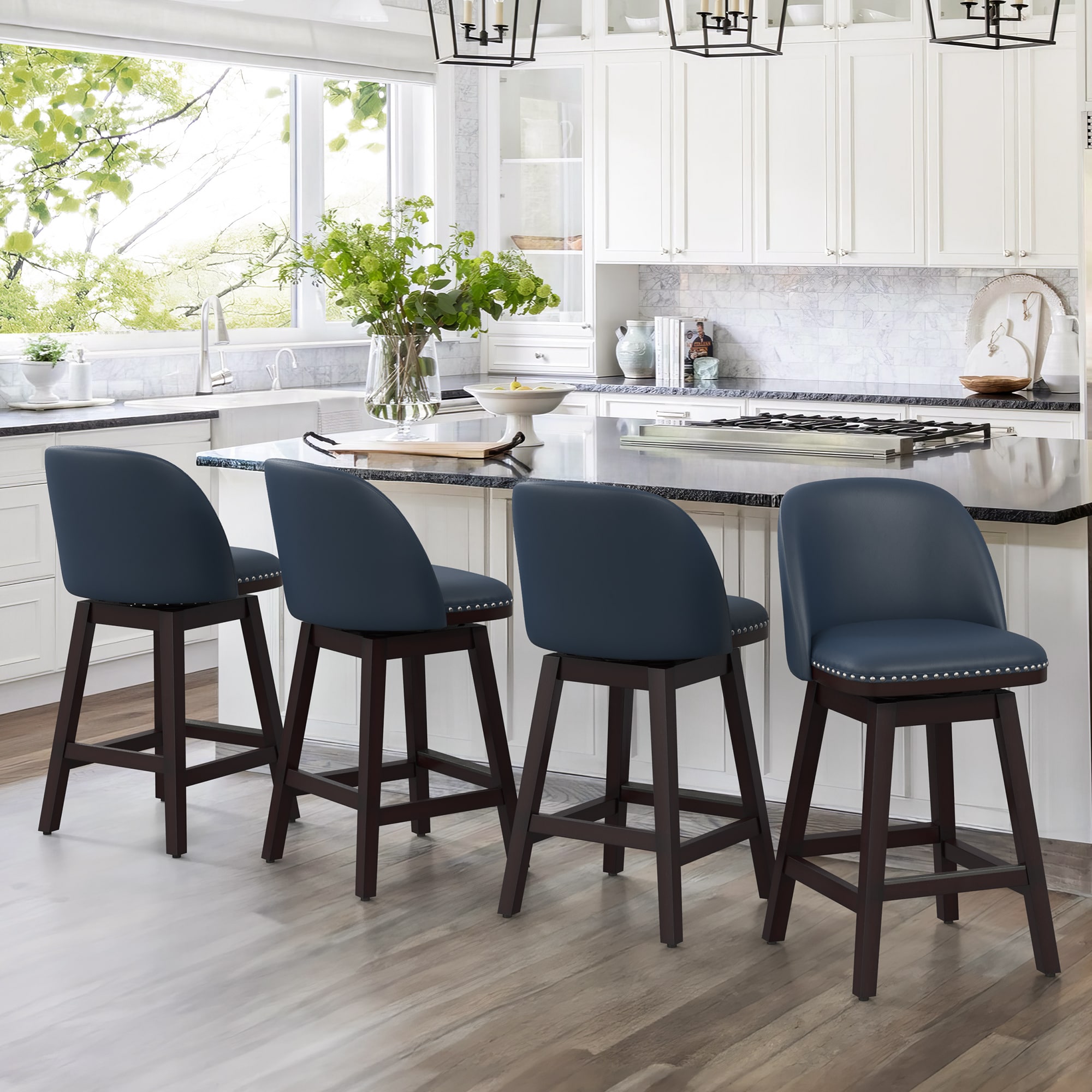 LUE BONA 4YB-009-06LS 4 -Set Blue/Faux leather 26-Inches H Counter height Square seat Upholstered Swivel Wood Bar Stool and Back