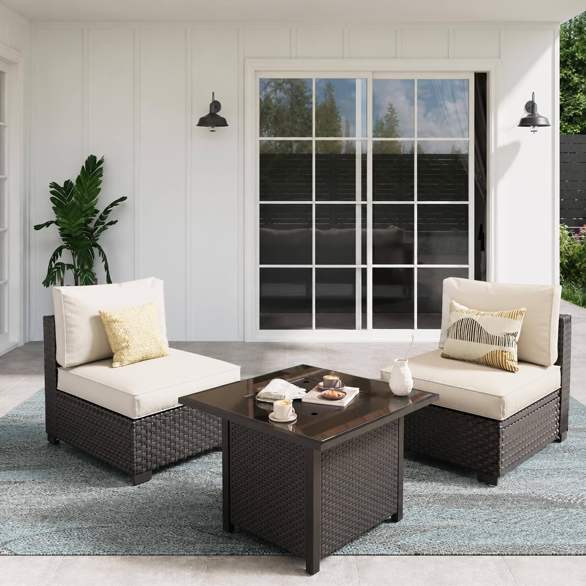 2-Piece Wicker Rattan Outdoor Patio Conversation Sectional Seating Set with Middle Chairs and Beige Cushions