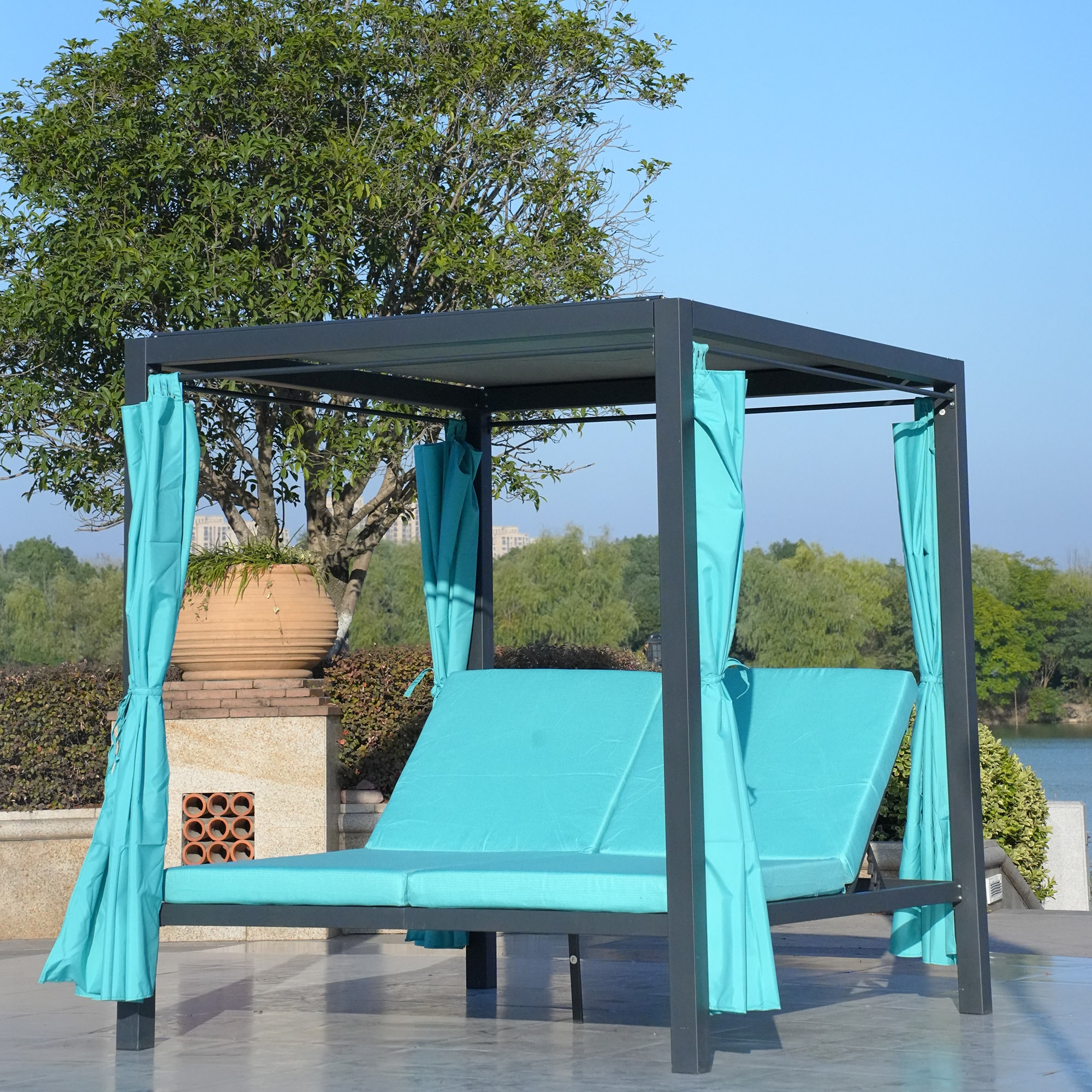 Direct Wicker DWL-1129B-CY Diana Outdoor Daybed with Blue Cushions and Steel Frame