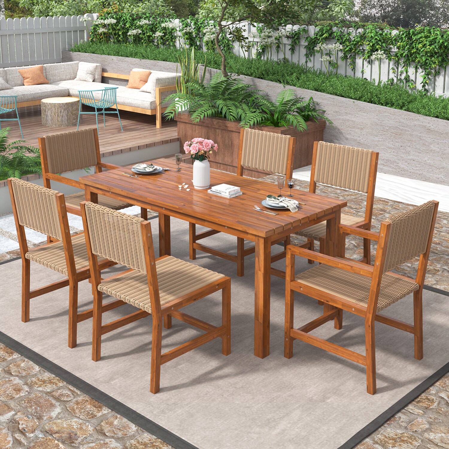 Acacia Wood And Rattan Patio Dining Set Patio Furniture At Lowes.com