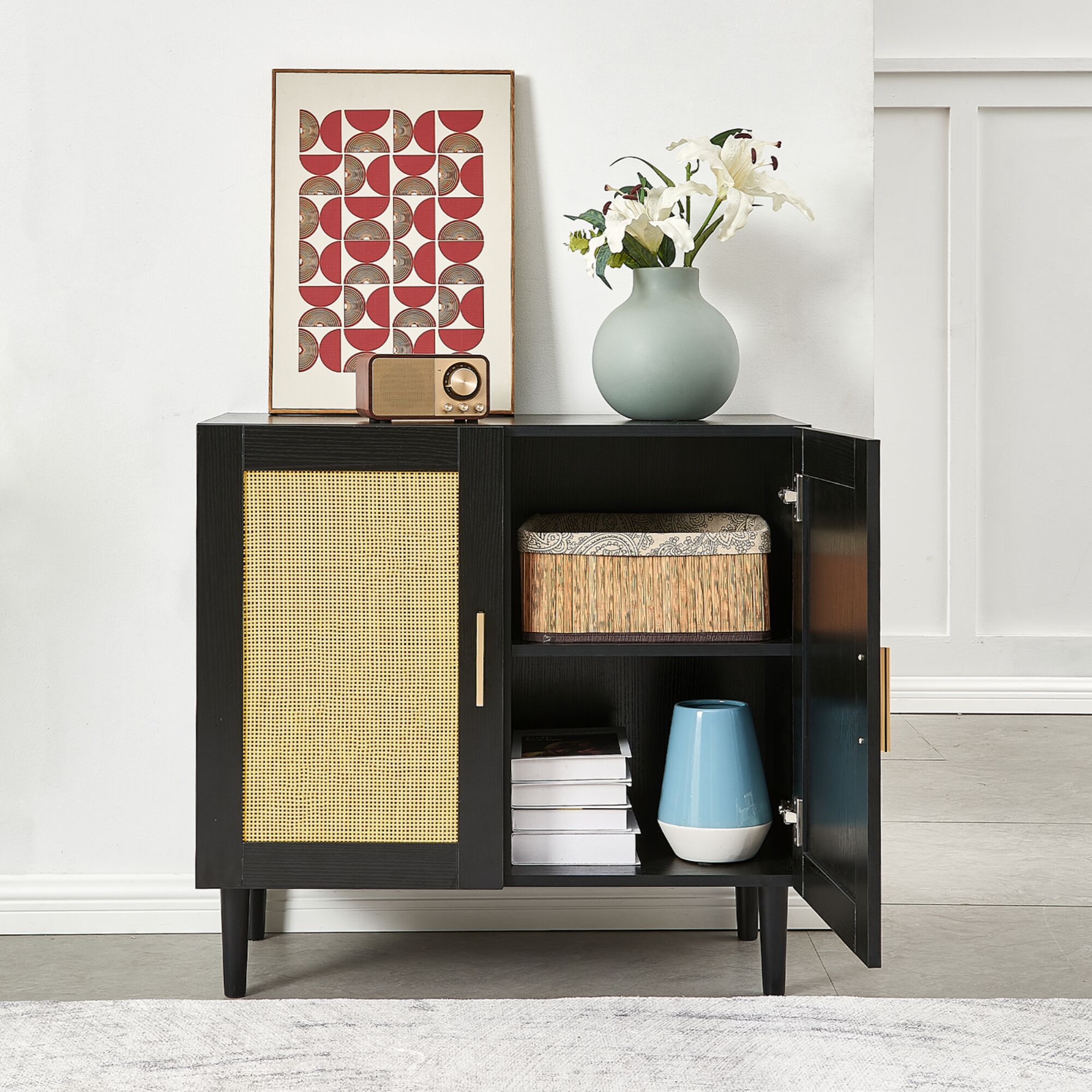 Dexmalle W1320138012 Modern Rattan Console Cabinet with Adjustable Shelves