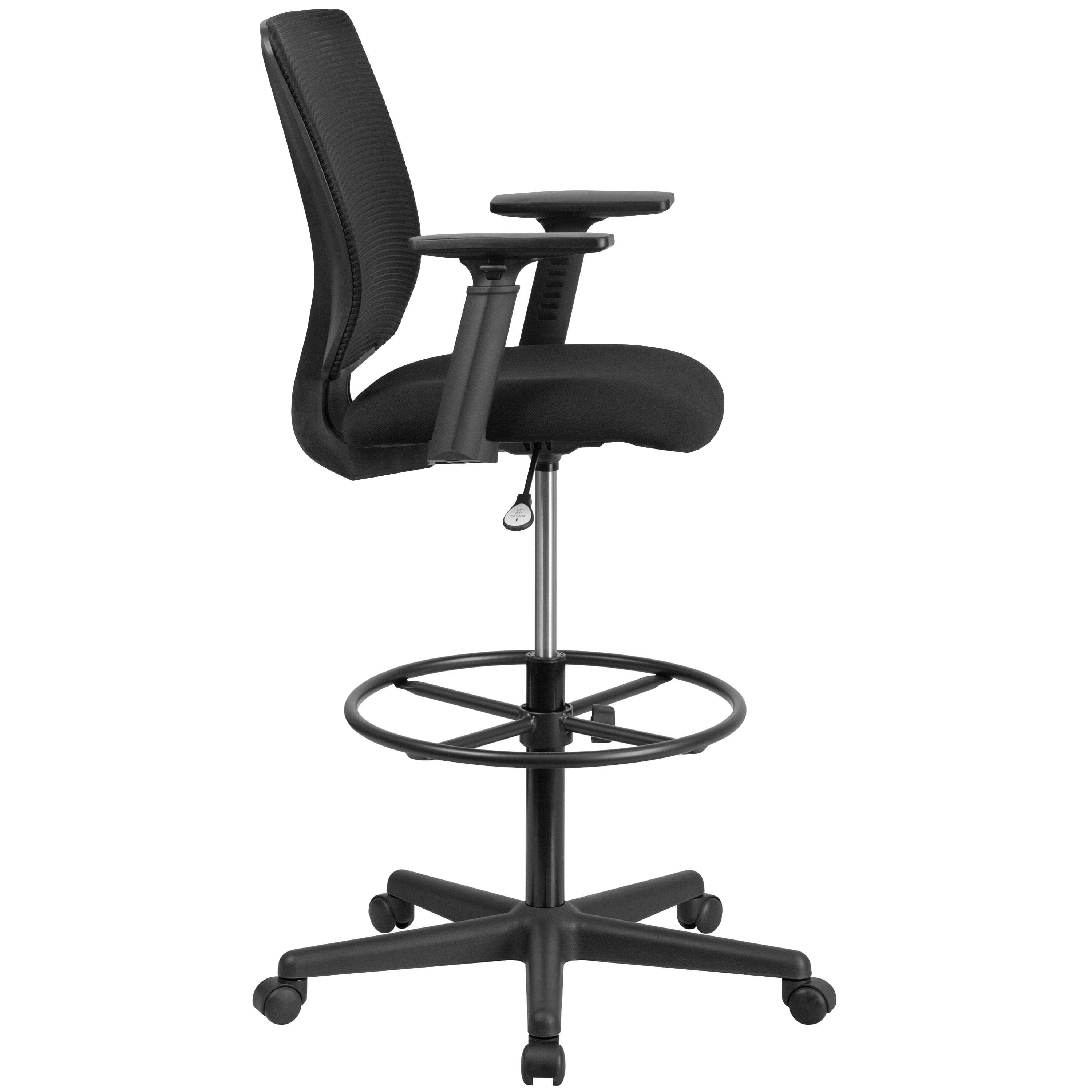 ErgoFlex Mid-Back Mesh Drafting Chair with Adjustable Arms and Black Fabric Seat