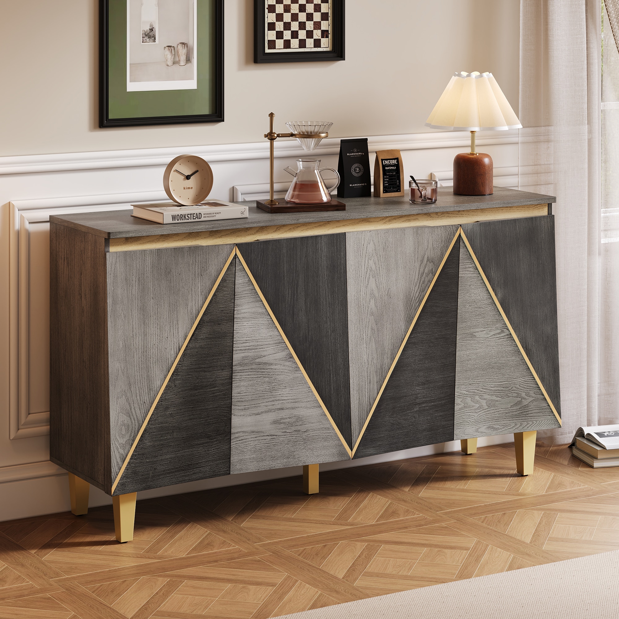 ModernLuxe L3P-N715P290575E 60inch Retro Buffet Cabinet with Storage 4Door Vintage Sideboard Cabinet with Dimensional Effect Doors and Adjustable Shelves for Dining Room Kitchen and Living Room Light and Dark Gray