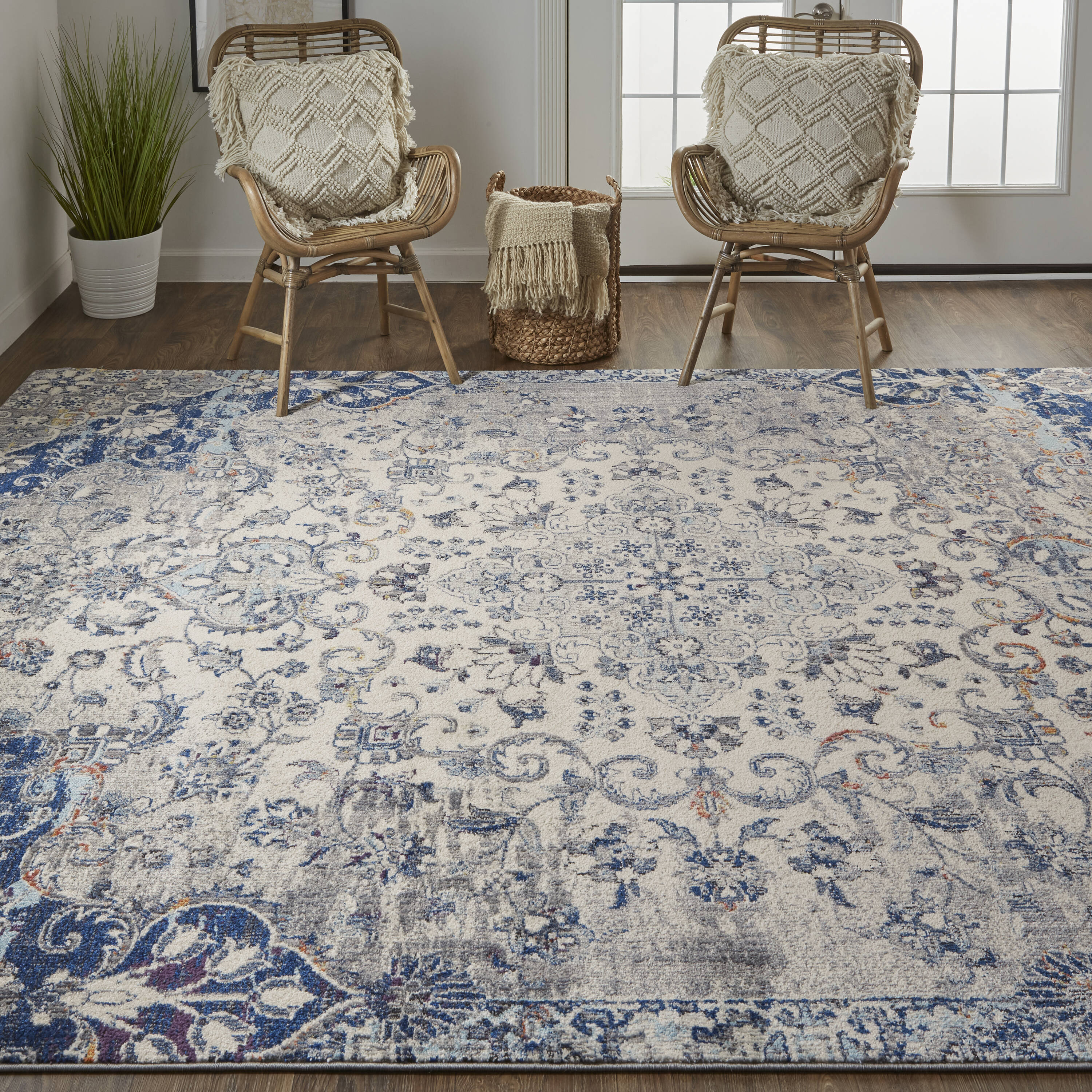 Room Envy 8 X 11 Ivory Gray Blue Indoor Medallion Area Rug In The Rugs 