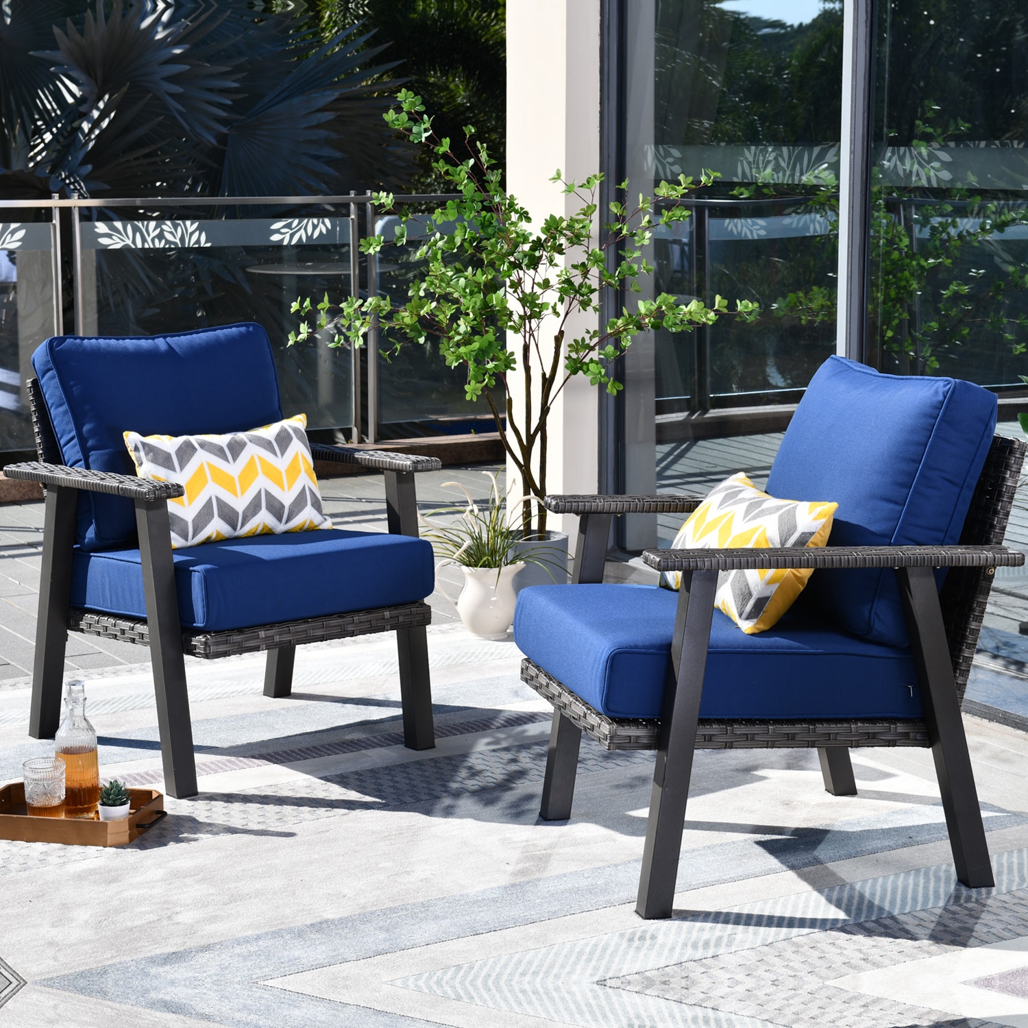 Pouuin SHW70T02A Hw Set of 2 Gray Steel Frame Stationary Conversation Chair with Navy Woven Seat