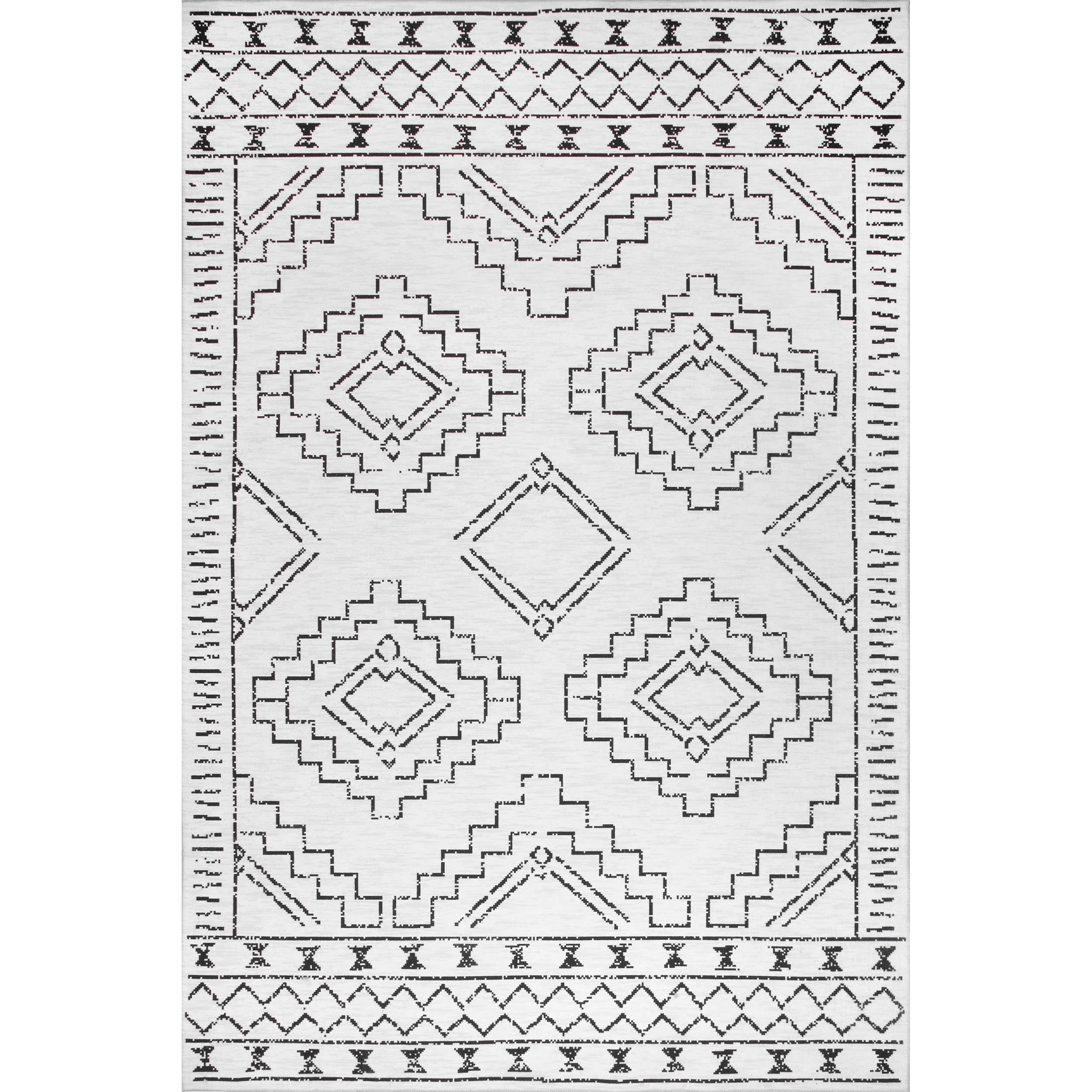 Ivory and Black Machine Washable Moroccan Area Rug