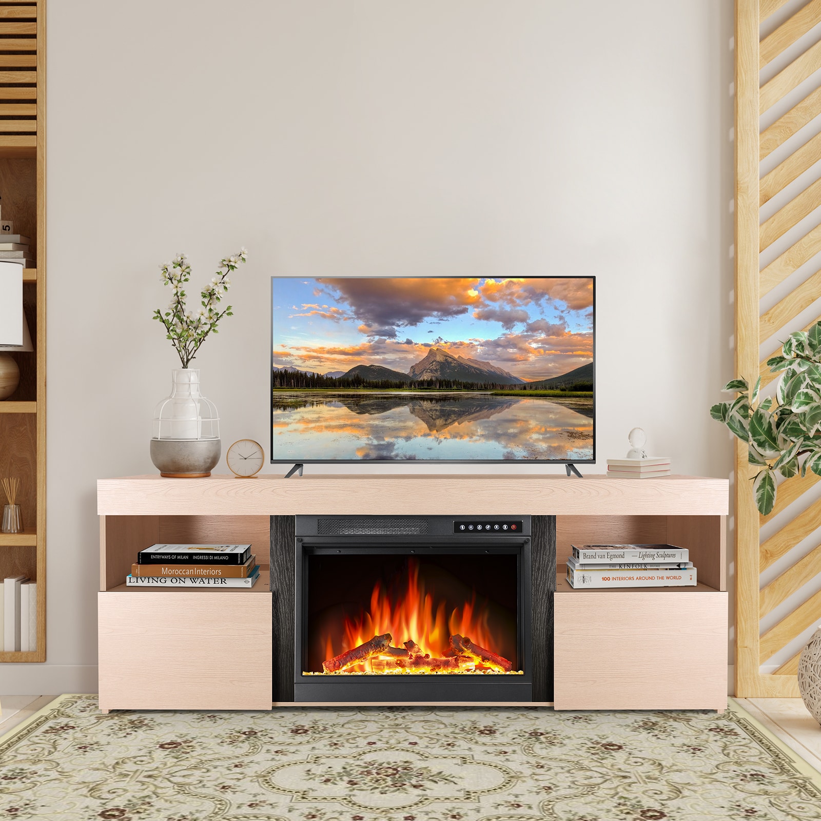 COWSAR LSSM2303LO 59.06-Inches W Lightoak TV Stand with Infrared quartz Corner or flat wall Electric Fireplace with Remote Control Included