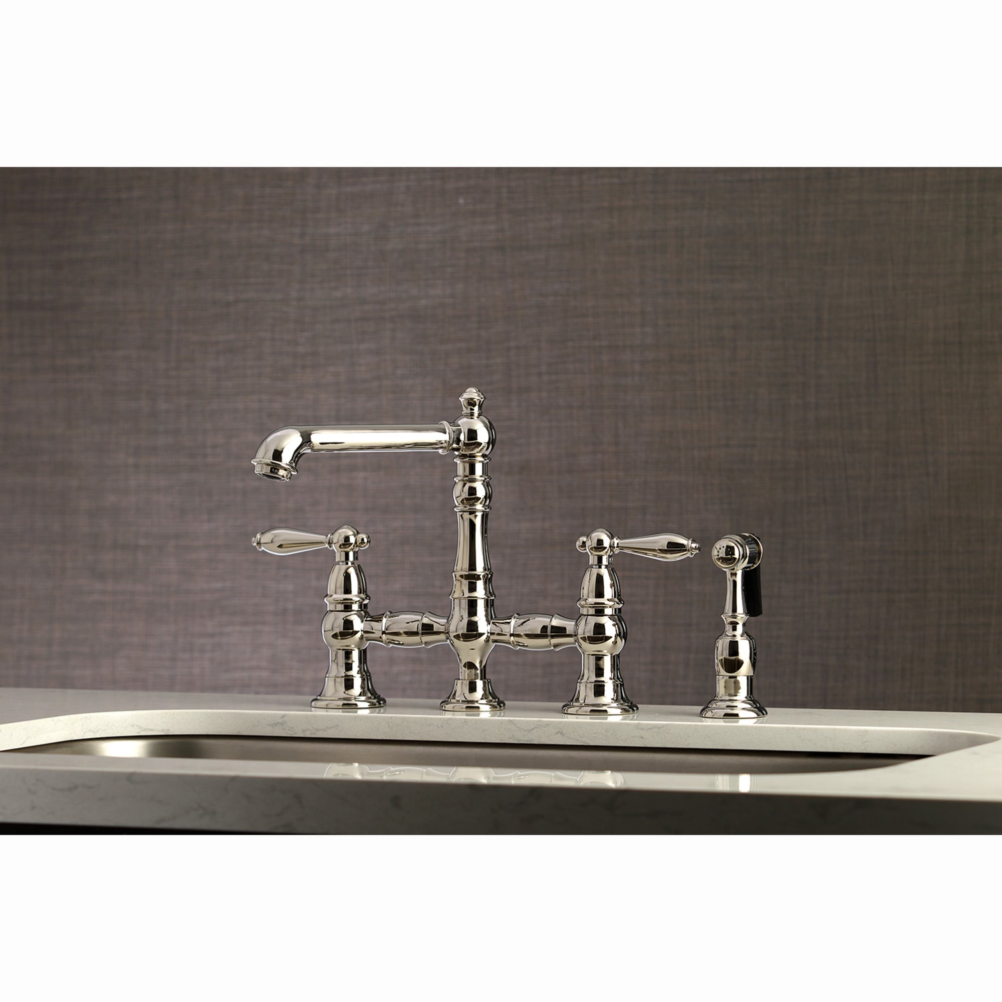 Kingston Brass WLKS7276ALBS English Country Polished nickel Double Handle Deck-mount Bridge Kitchen Faucet with Sprayer ( Side Sprayer Included )