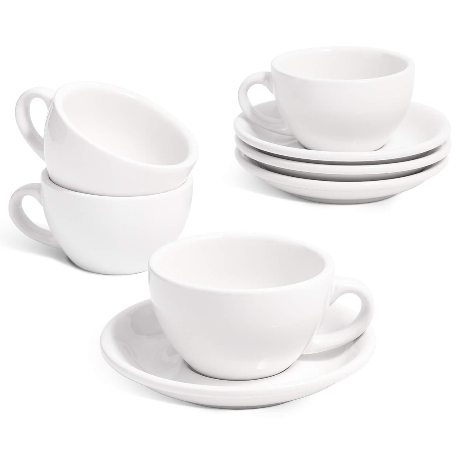 Aoibox  6 oz Ceramic Cappuccino Cups with Saucers Set of 4 White Porcelain Espresso Latte Mocha Tea Cup Set