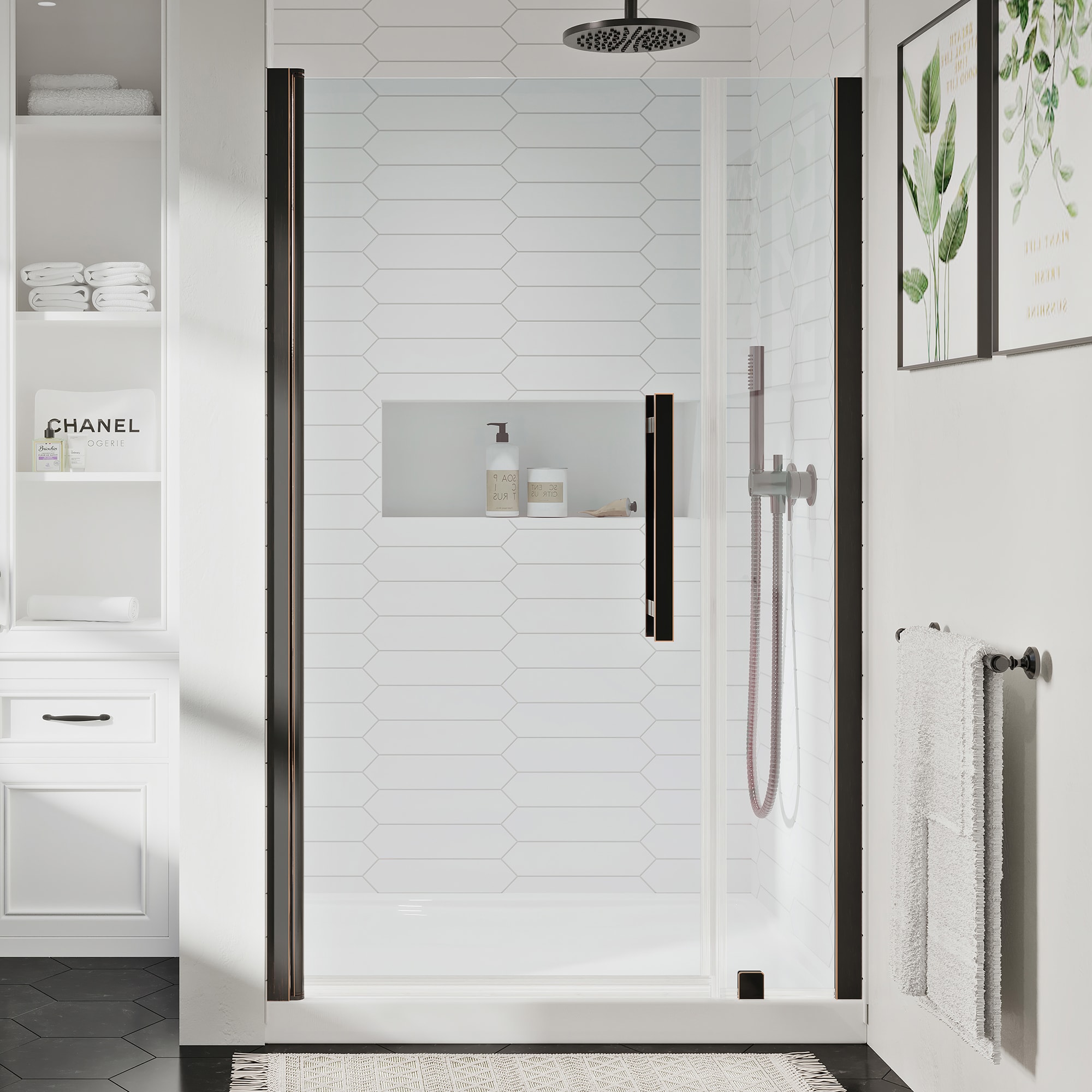 OVE Decors 828796062640 Pasadena 36-in W x 36-in L x 75-in H Rectangular Alcove shower kit ( Center Drain) Base and Door Included Oil rubbed bronze Hardware Included
