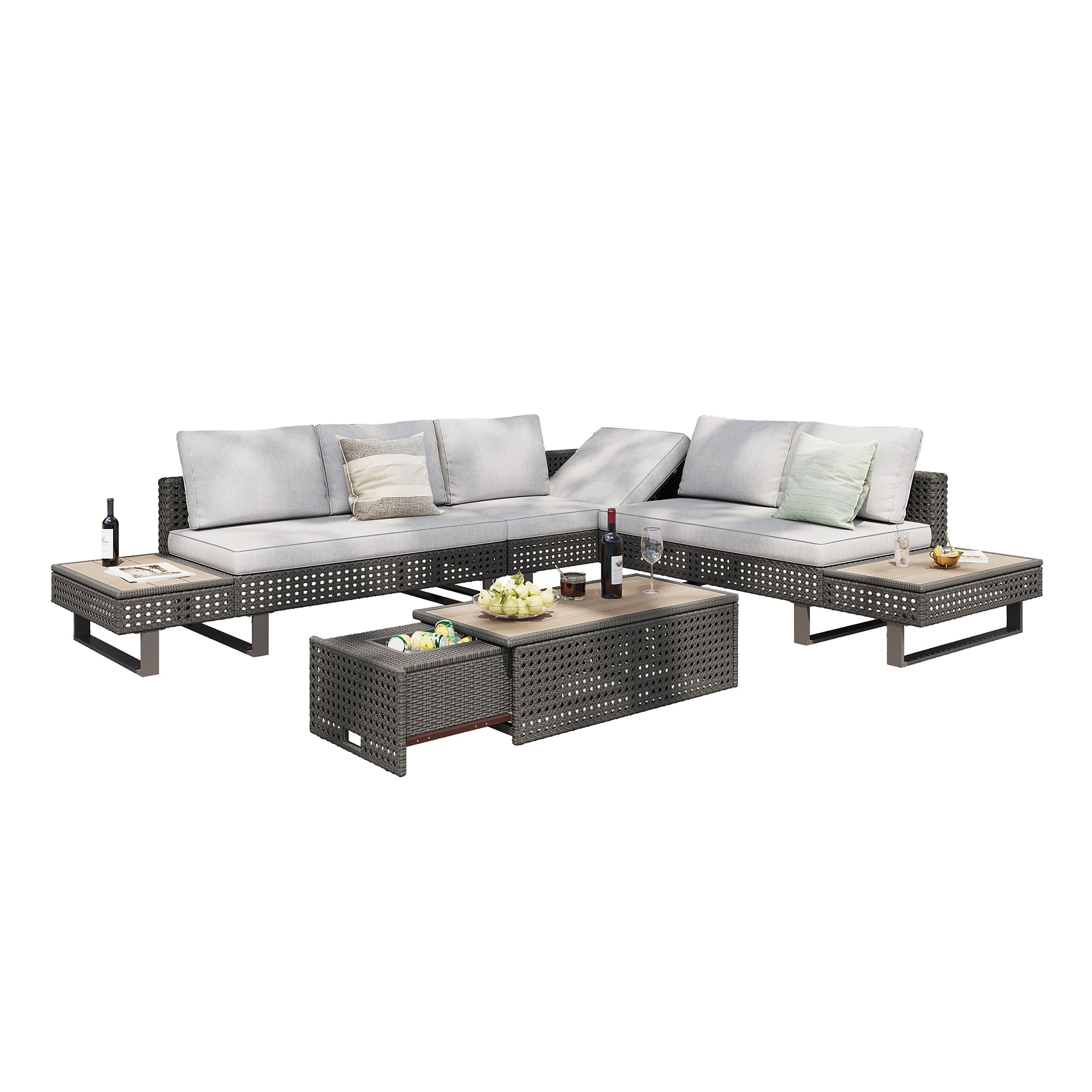 SINOFURN SYB260077GY Wicker Outdoor Sectional with Gray Cushions and Wicker Frame