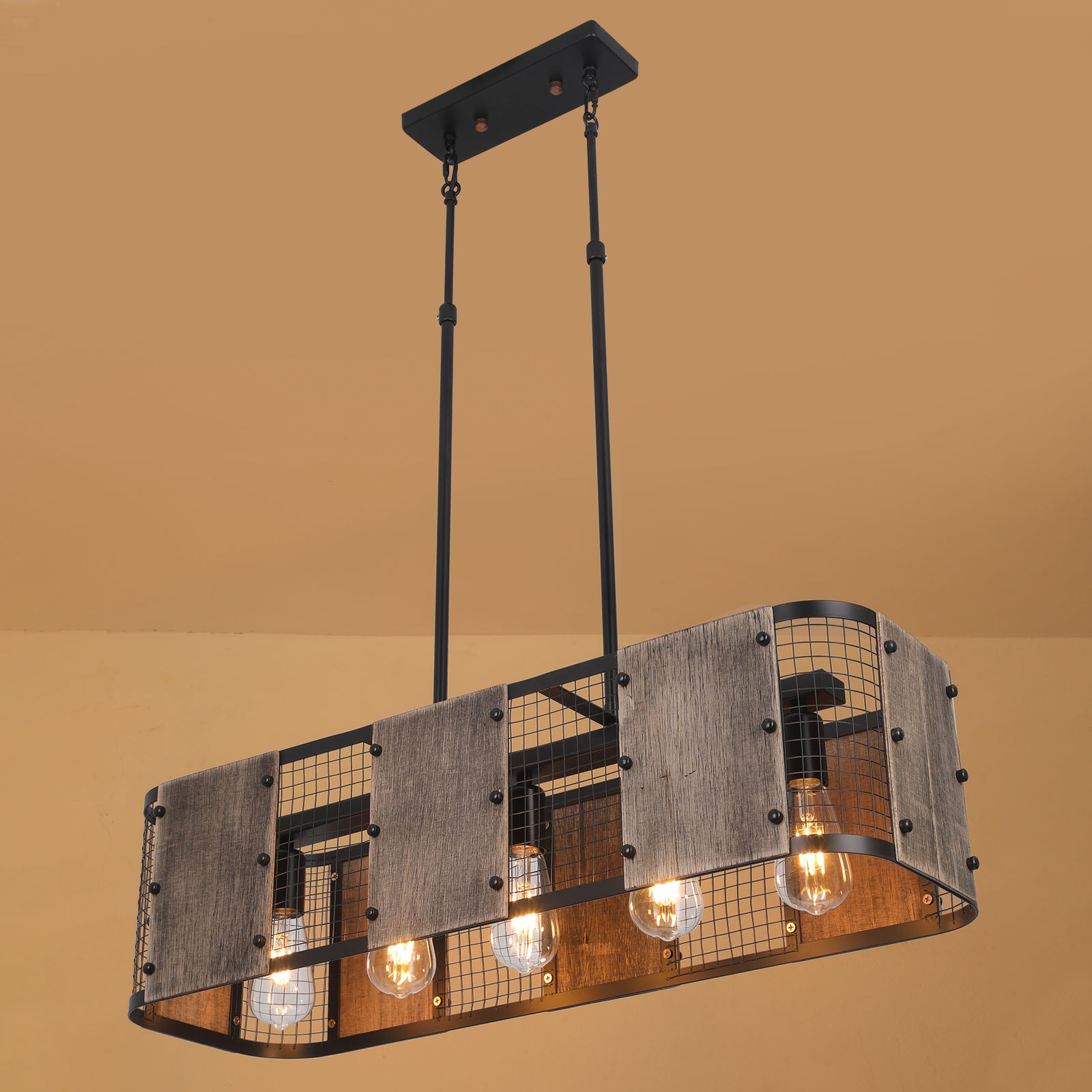 Oukaning HG-HCXLST-5469-US Wood Modern/contemporary Rectangle Integrated LED Large Hanging Kitchen island light