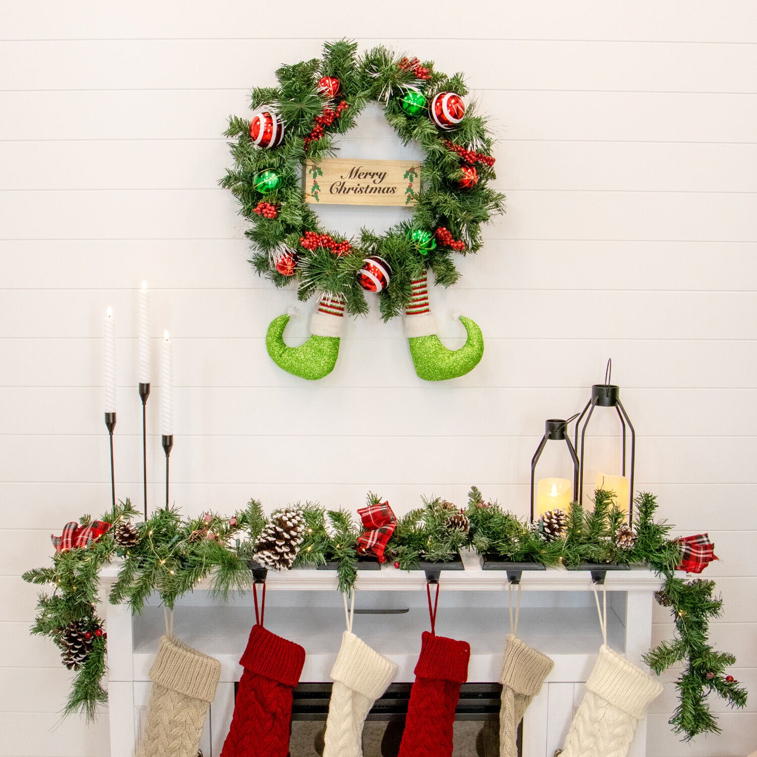 24-Inch Artificial Pine Christmas Wreath with Elf Boots and Ornaments