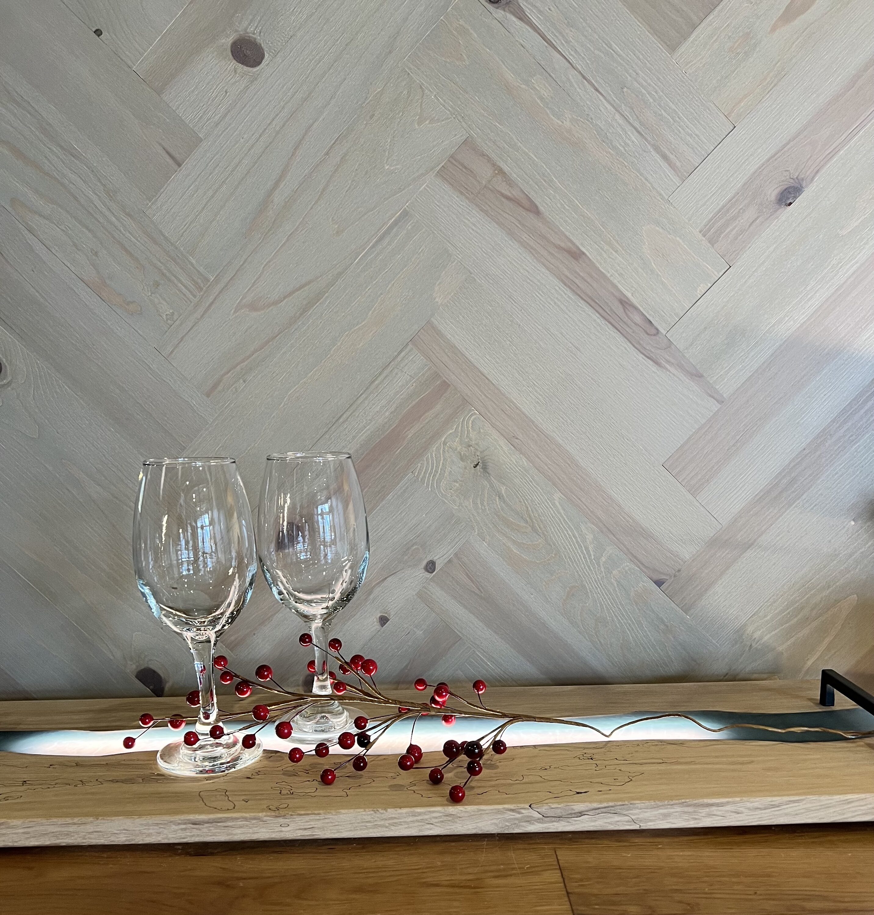 Pebble Gray Herringbone Self-Adhesive Red Pine Wall Planks, 10sq/ft
