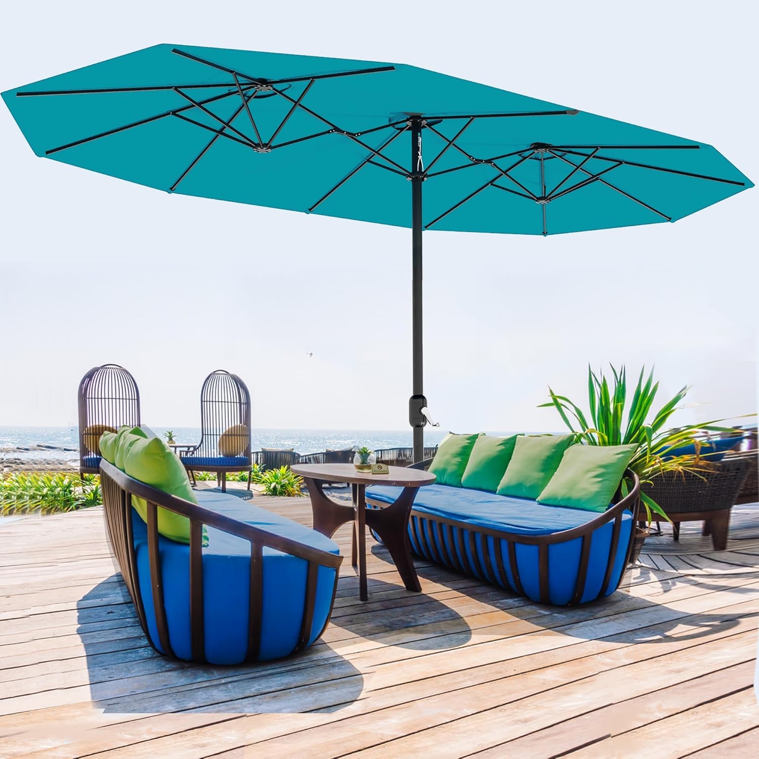 6 ft patio rectangle umbrella with base JEAREY 6.5x10 Rectangular Umbrellas Outdoor Push Button Tilt and Crank, Market Table Umbrella Sturdy Ribs UV Protection for Poolside Garden Backyard Deck, Beige Easy assembly in minutes Tan Crank Rectangle Outdoor Patio