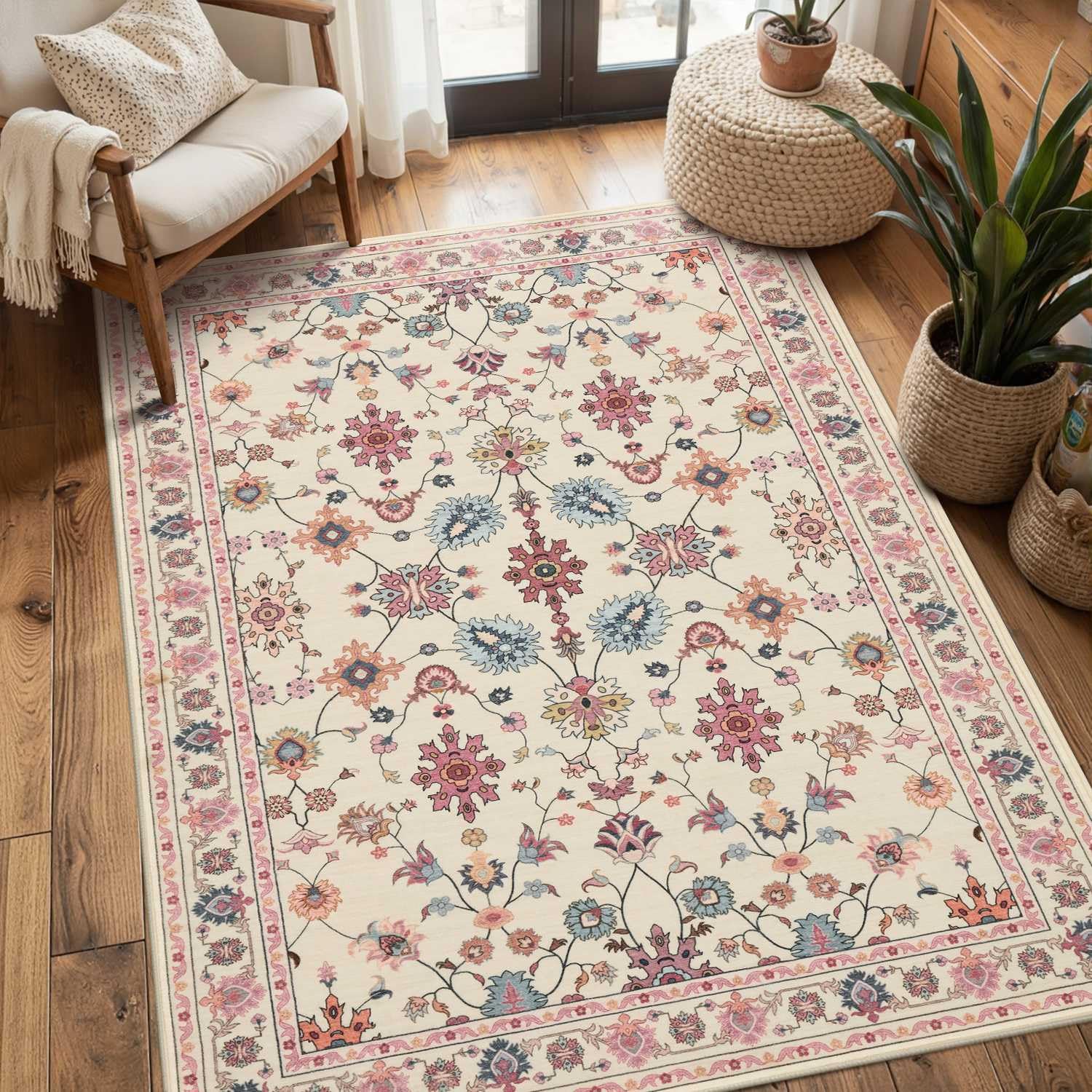 OMOMMD - Blush Pink Floral Boho Area Rug Washable Non Slip Soft Low Pile Indoor Carpet For Home D...