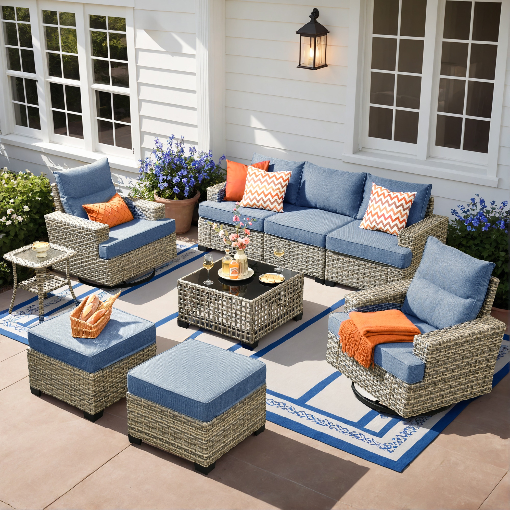XIZZI XITBS5074-RC3 Agate 7 -Piece Rattan Patio Sofa Conversation Set with Blue Cushions