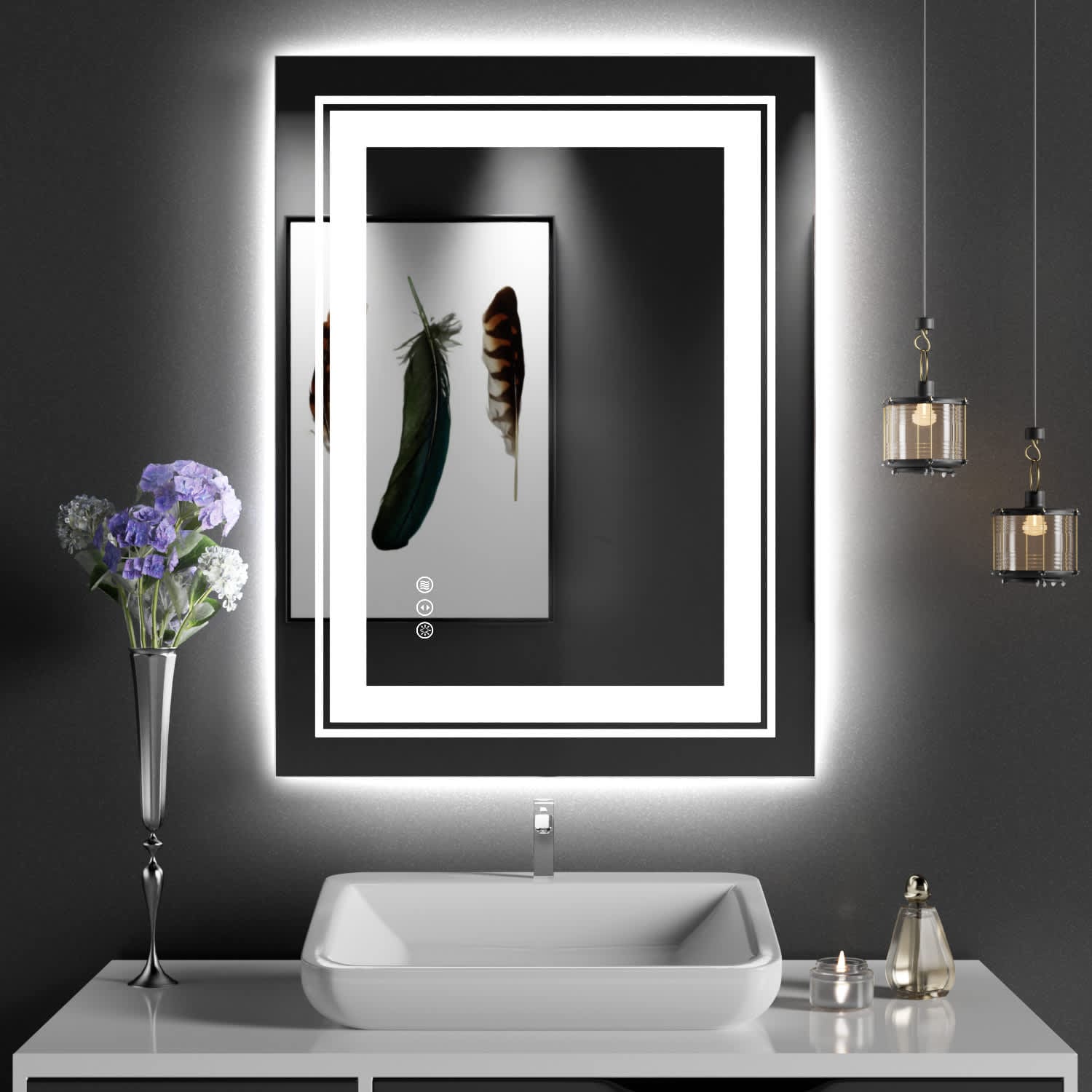 Amorho S1R6080UL 24-in W x 32-in H Polished Frameless Rectangle Dimmable LED Lighted Fog Free Bathroom Vanity Mirror for wall ( Sliver )