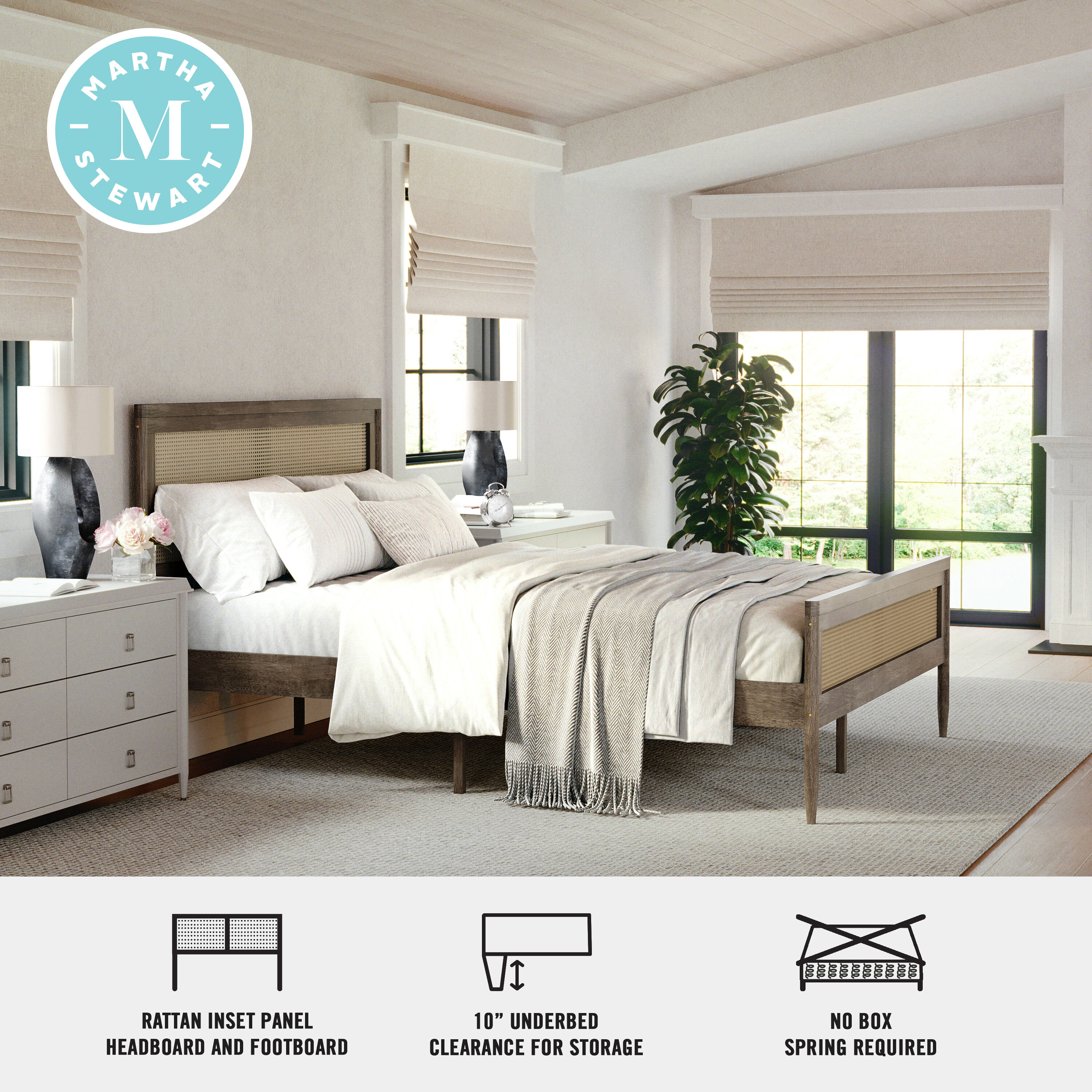 Brown Gray Queen Wood Platform Bed with Rattan Headboard and Footboard