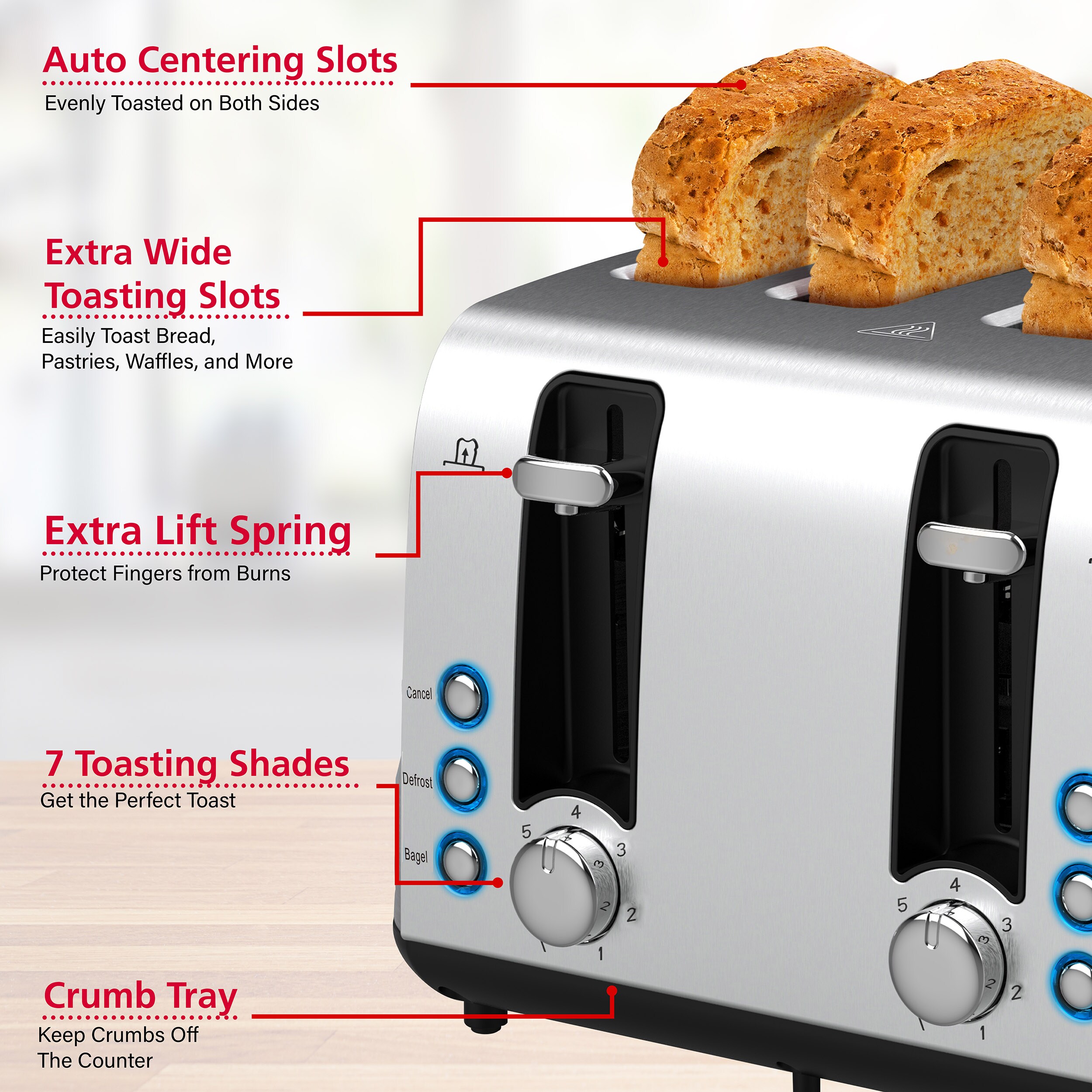 Tostador De Pan 2 Slice Extra Wide Centering Long Slot Retro Stainless  Toaster