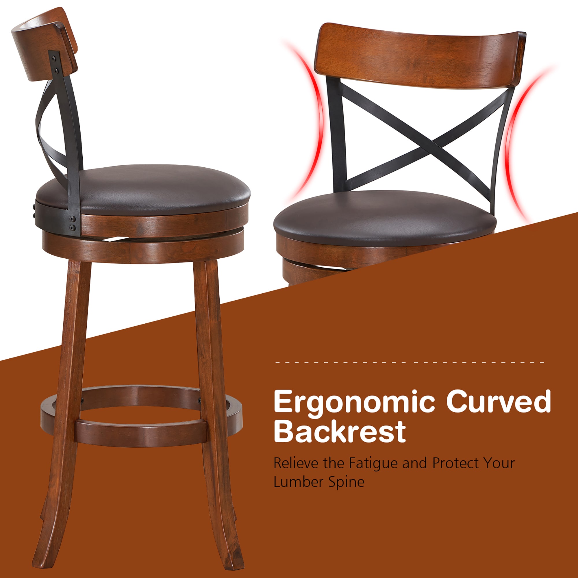 Set of 2 Walnut and Black Swivel Bar Stools with Rubberwood Legs