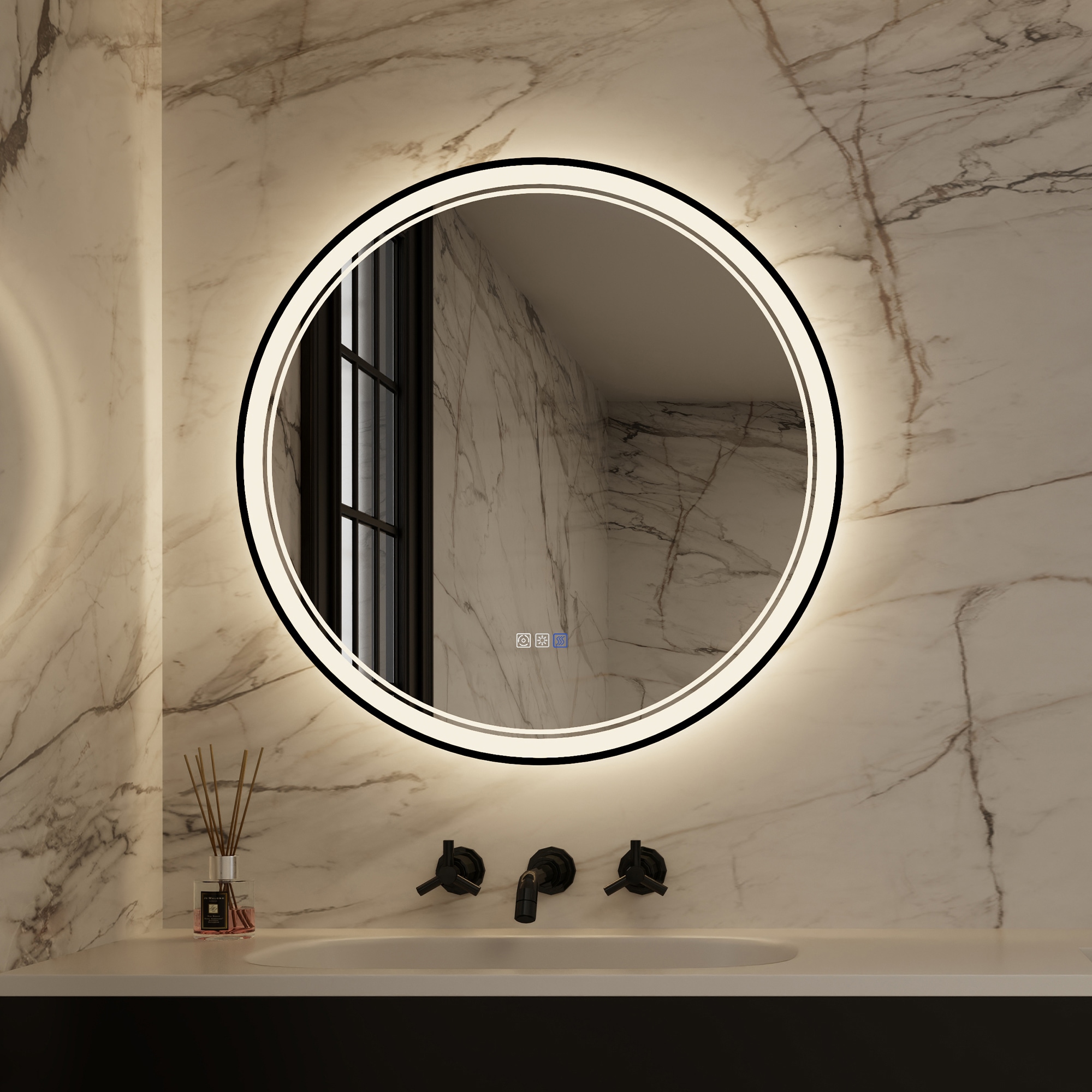 ExBrite DHBM2432BX BlackLine 32-in x 32-in Polished Frameless Round Dimmable LED Lighted Fog Free Bathroom Vanity Mirror ( White )