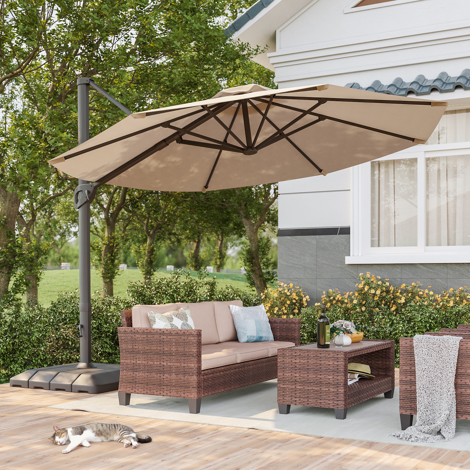 ACEGOSES LW-HCT-TJ12SD 11-ft Aluminum Tan No-tilt Cantilever Patio Umbrella with Base