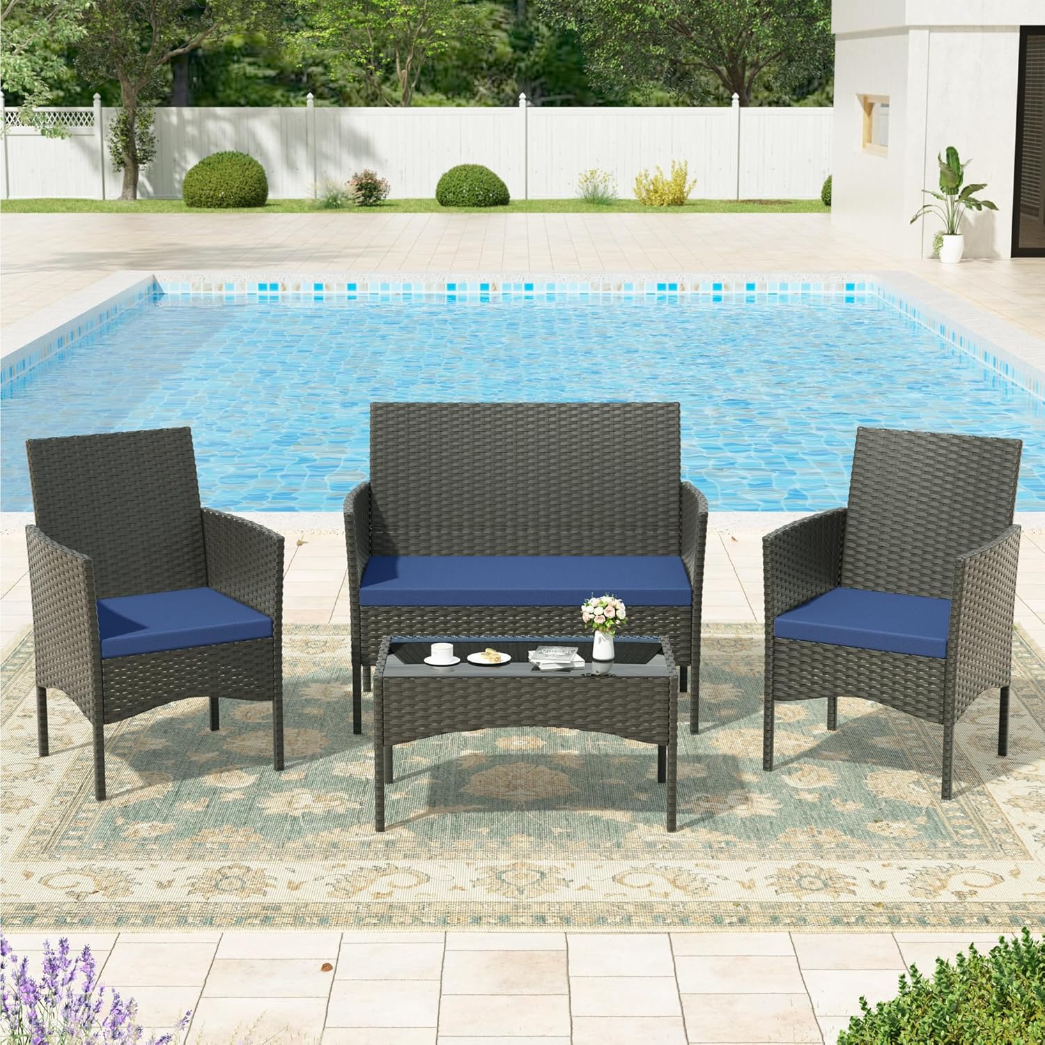 ALAULM LS-630-SJT-NAVY 4 -Piece Wicker 2 Patio Sofa Conversation Set with Blue Cushions