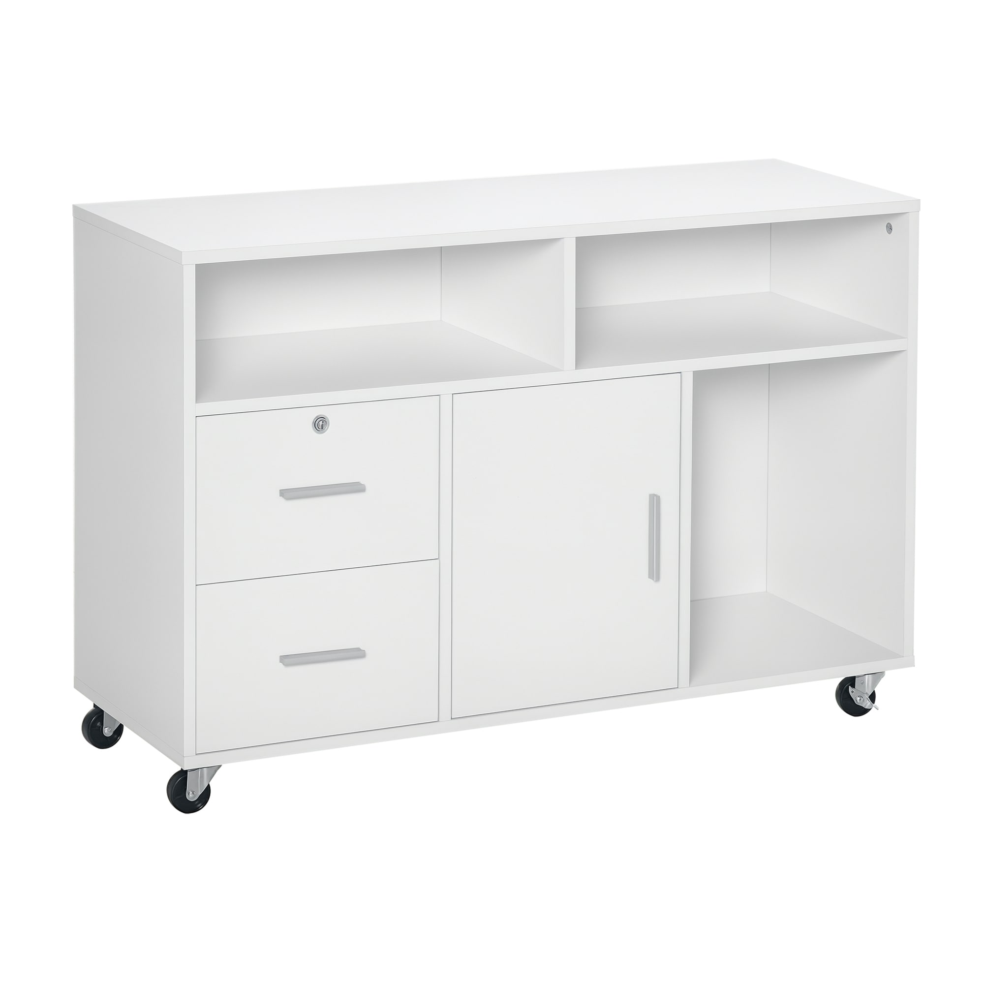 HomCom 836-269V80 Printer Stand Home Office Mobile Storage Cabinet Organizer Desktop with Caster Wheels 2 Locking Breaks and Drawer White