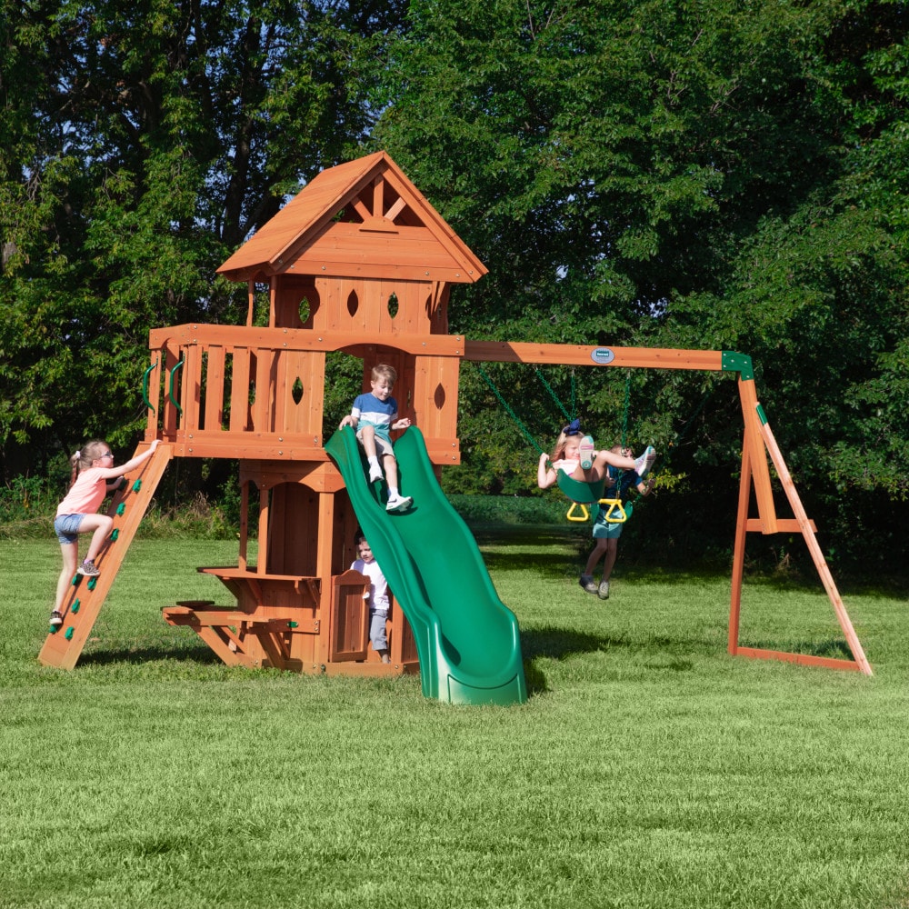 Backyard Discovery 6014COM Woodland Residential Wood Playset with 3 Swings and Slide Included