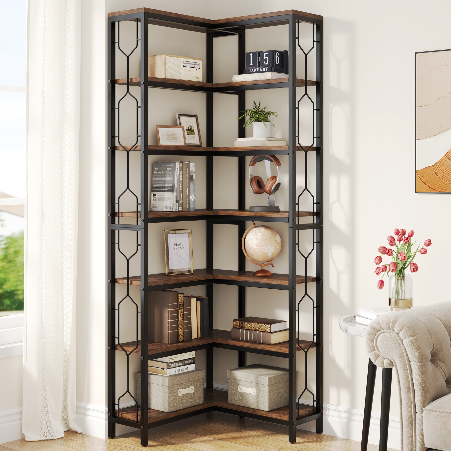 Tribesigns Black Metal 5-Shelf Corner Bookcase (31.49-in W x 65.74-in H x 31.49-in D) | HOGA-JW0236