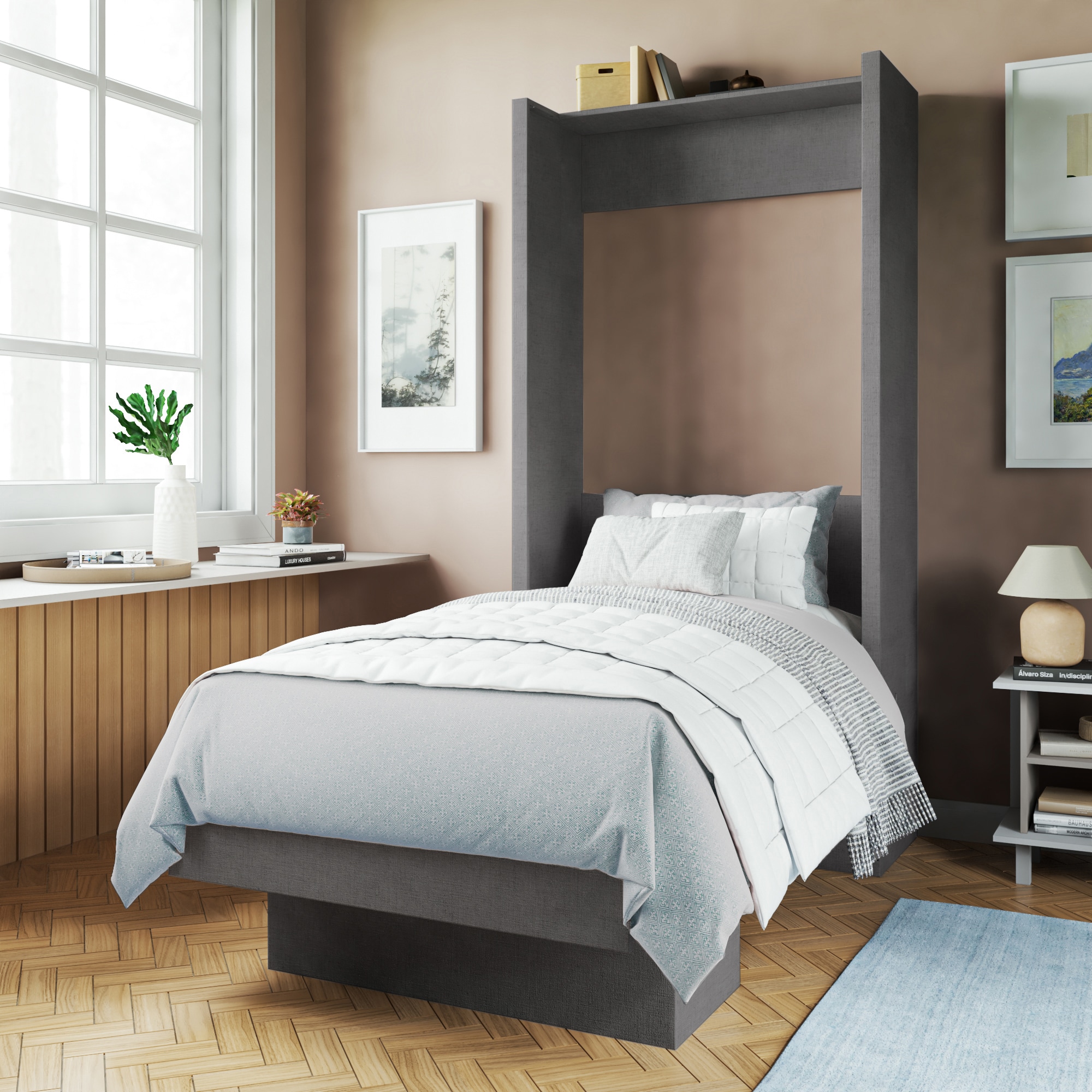 Oakland Living LILA-BED-TW-ASH High Quality Brazilian Wall Bed Dark Grey Twin Wood veneer Murphy Bed with Storage