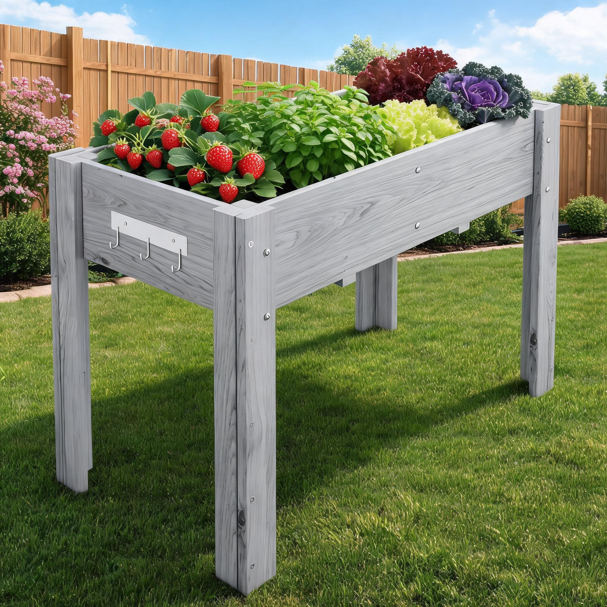 DEXSO 48 X 24 X 30 Inch Raised Garden Bed with Legs and Hooks for Outdoor Growing Vegetables and Herbs Elevated Wood Planter Box Stand with Non Woven Liner Gray #NOVA-JAB9ZI7R4H