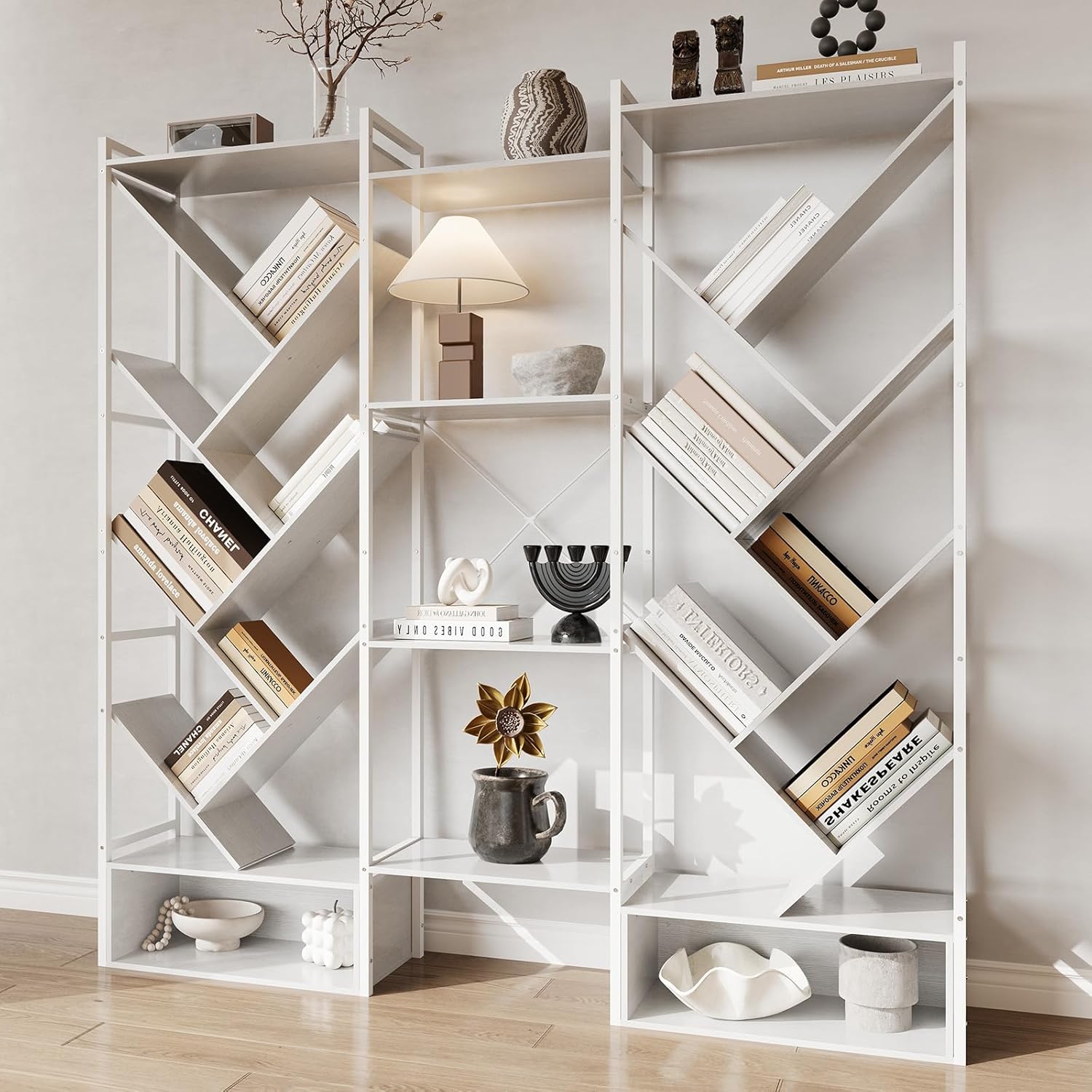 IdealHouse Triple 6 Tier Bookshelf Large Bookcase Industrial Bookshelf with 24 Open Display Shelves Industrial Tree Bookshelf Wooden Tall Standing Bookshelf for Living Room Home Office
