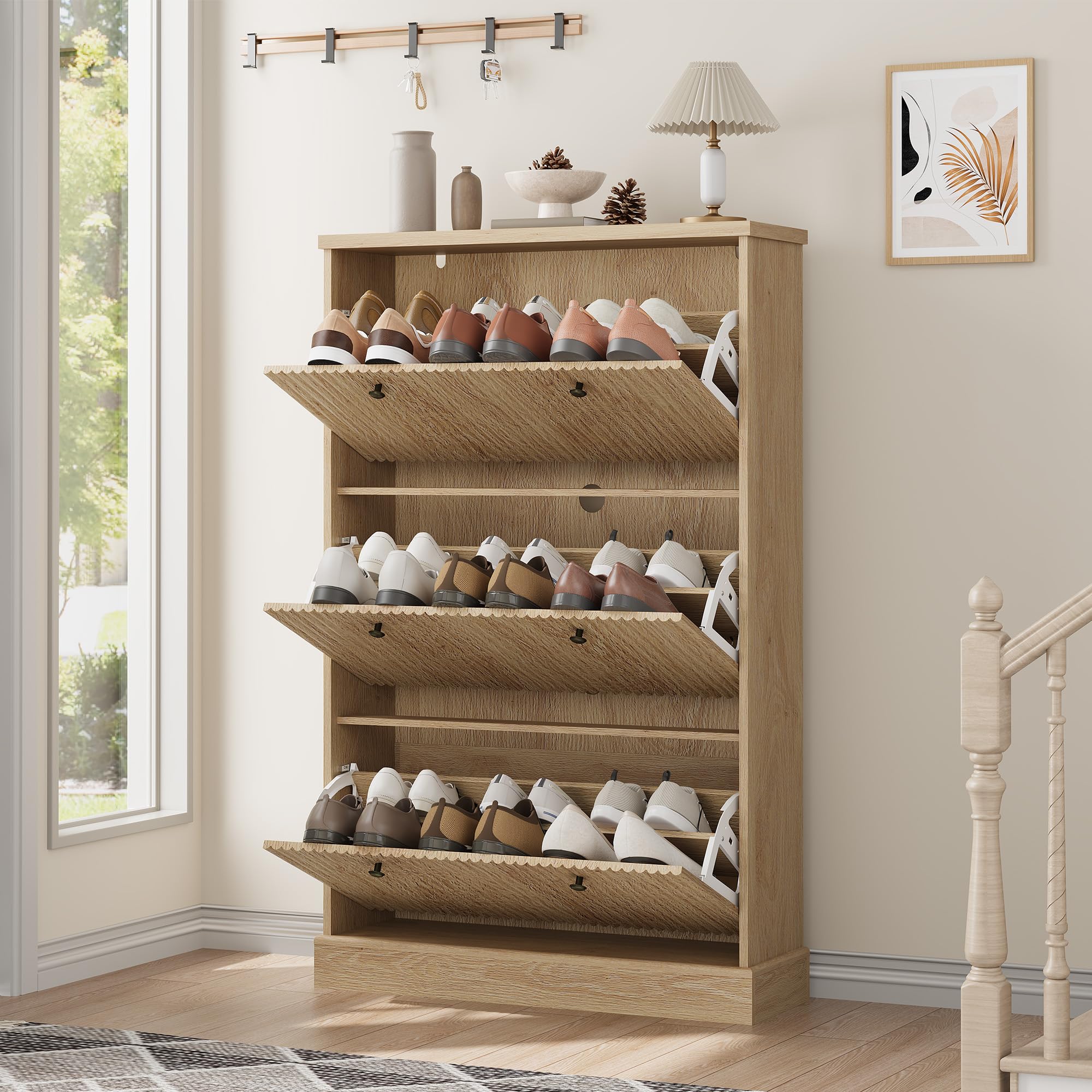 Garvee Shoe Cabinet with 3 Flip Drawers Large Fluted Narrow Storage Cabinet with Adjustable and Removable Shelves Modern Freestanding Shoe Organizer for Entryway Hallway Natural Oak